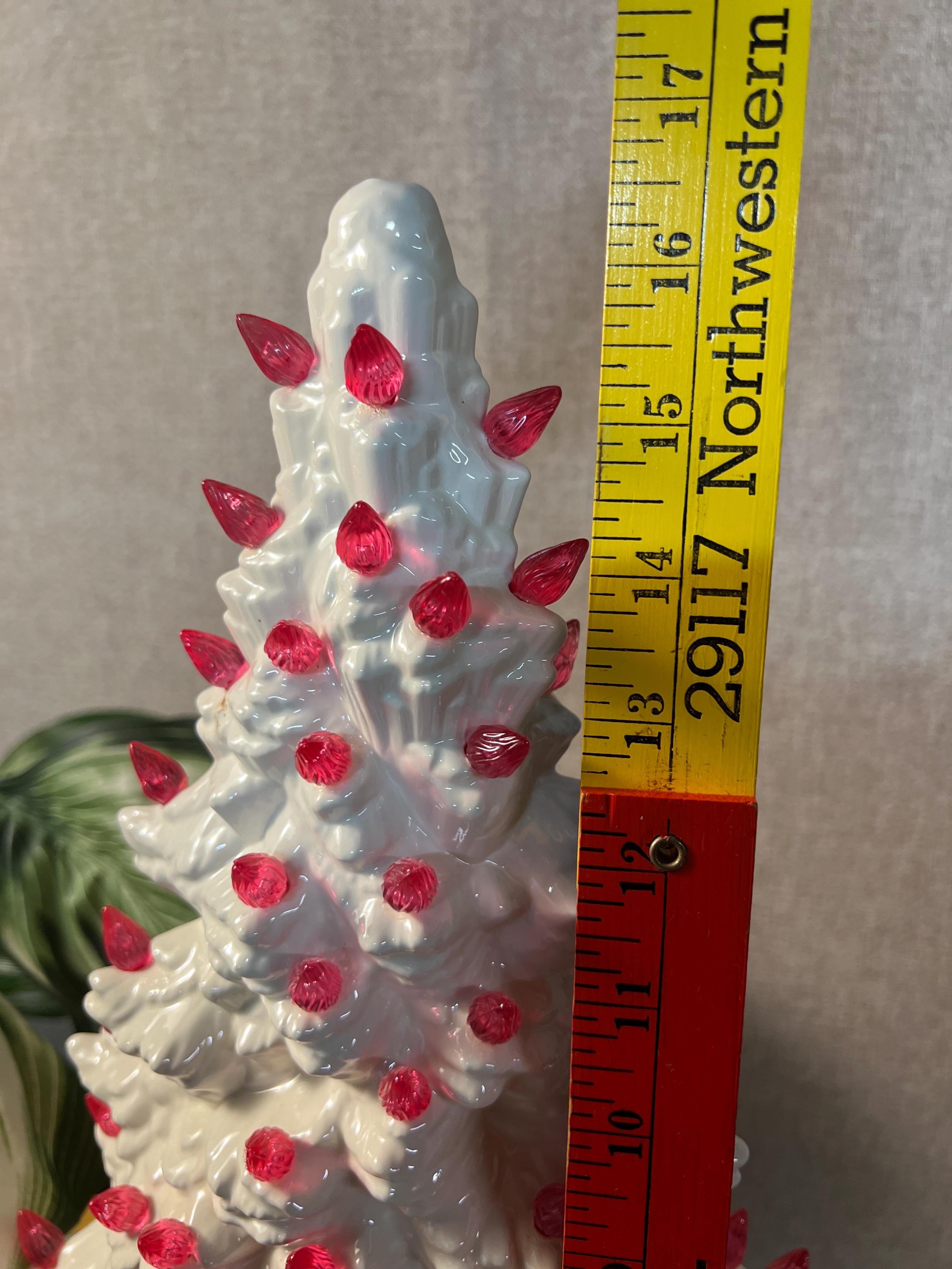 White Ceramic Skinny Christmas Tree 16.5 Vintage with pink lights