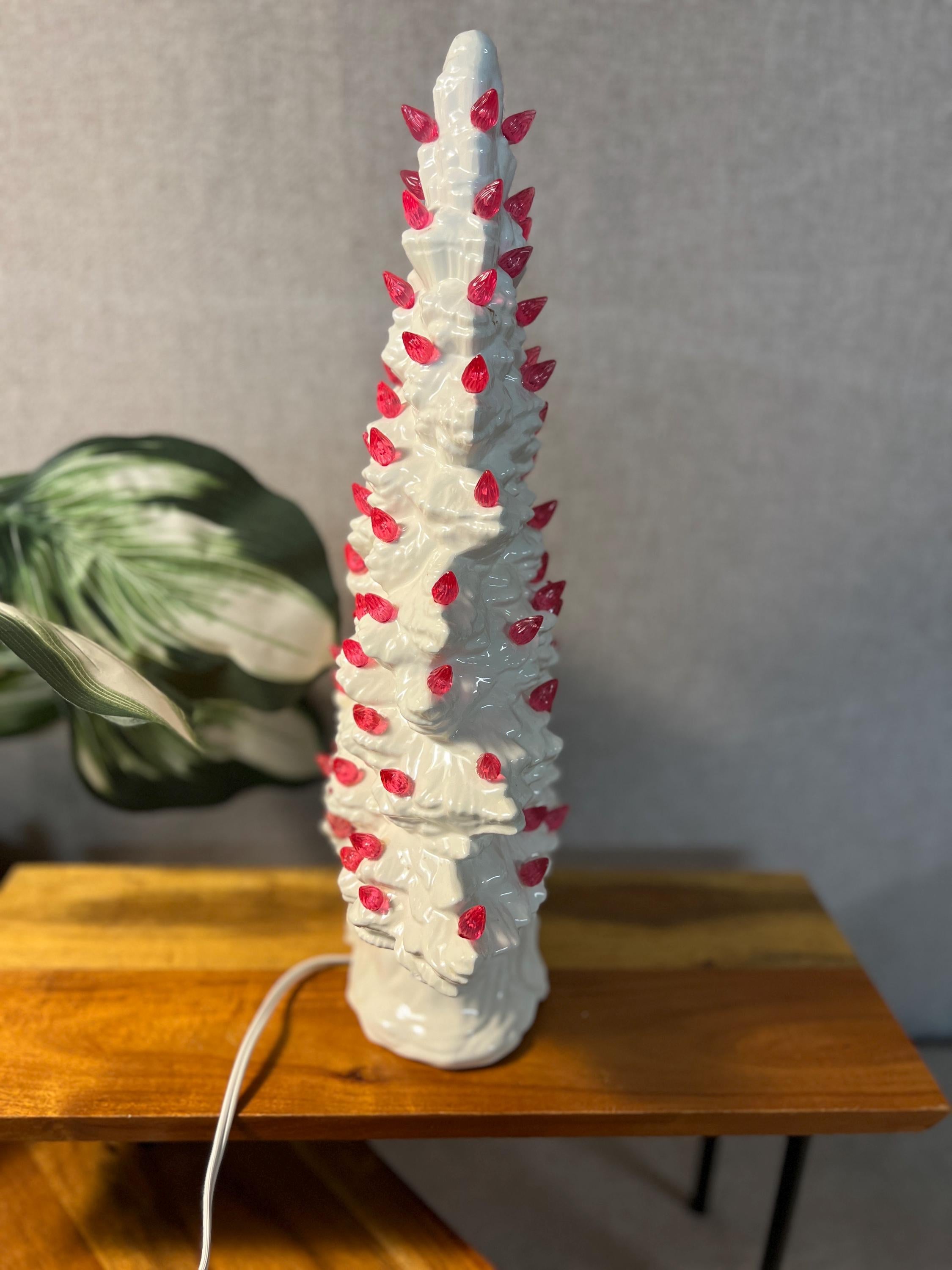 White Ceramic Skinny Christmas Tree 16.5 Vintage with pink lights