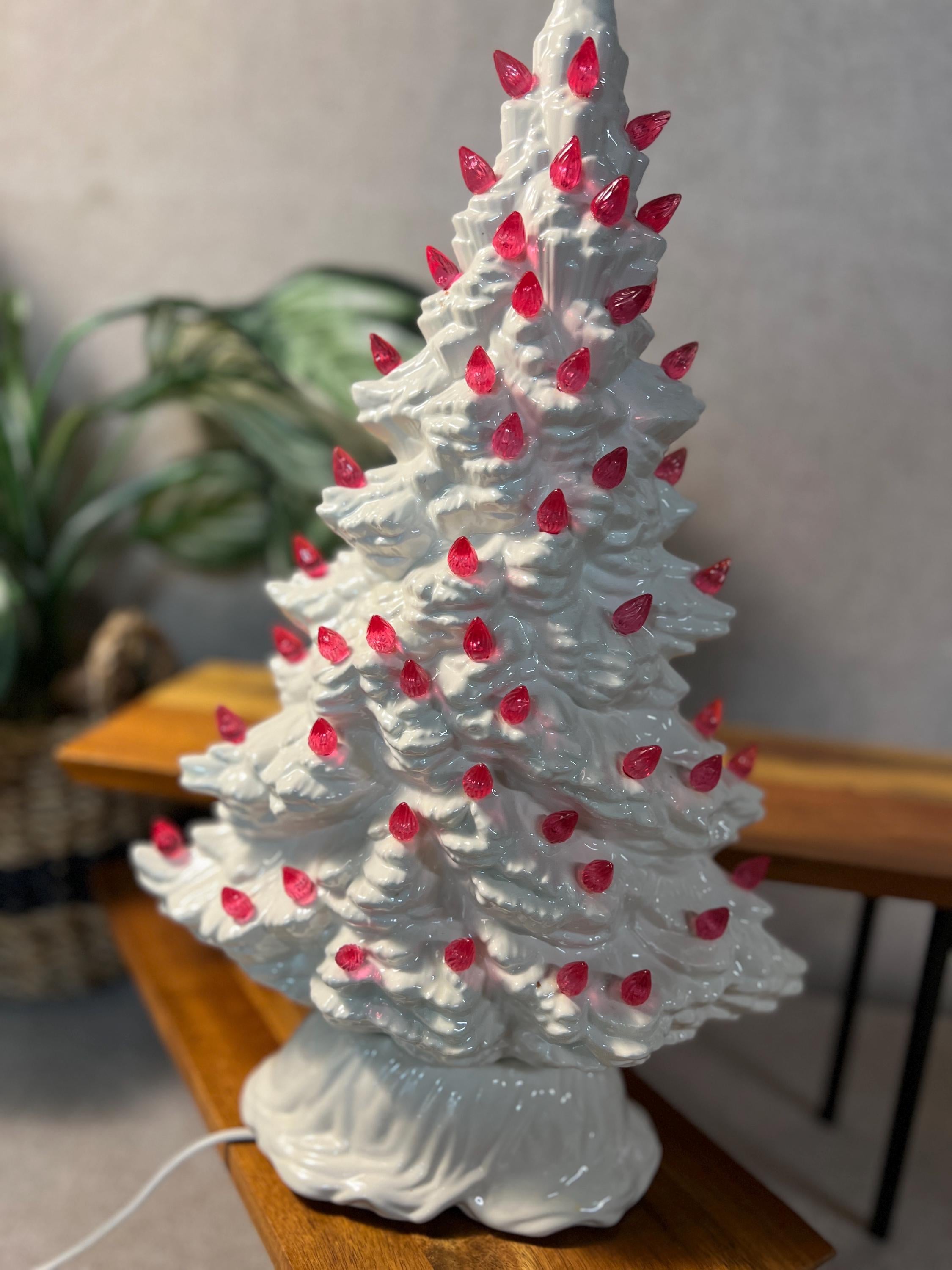 White Ceramic Skinny Christmas Tree 16.5 Vintage with pink lights