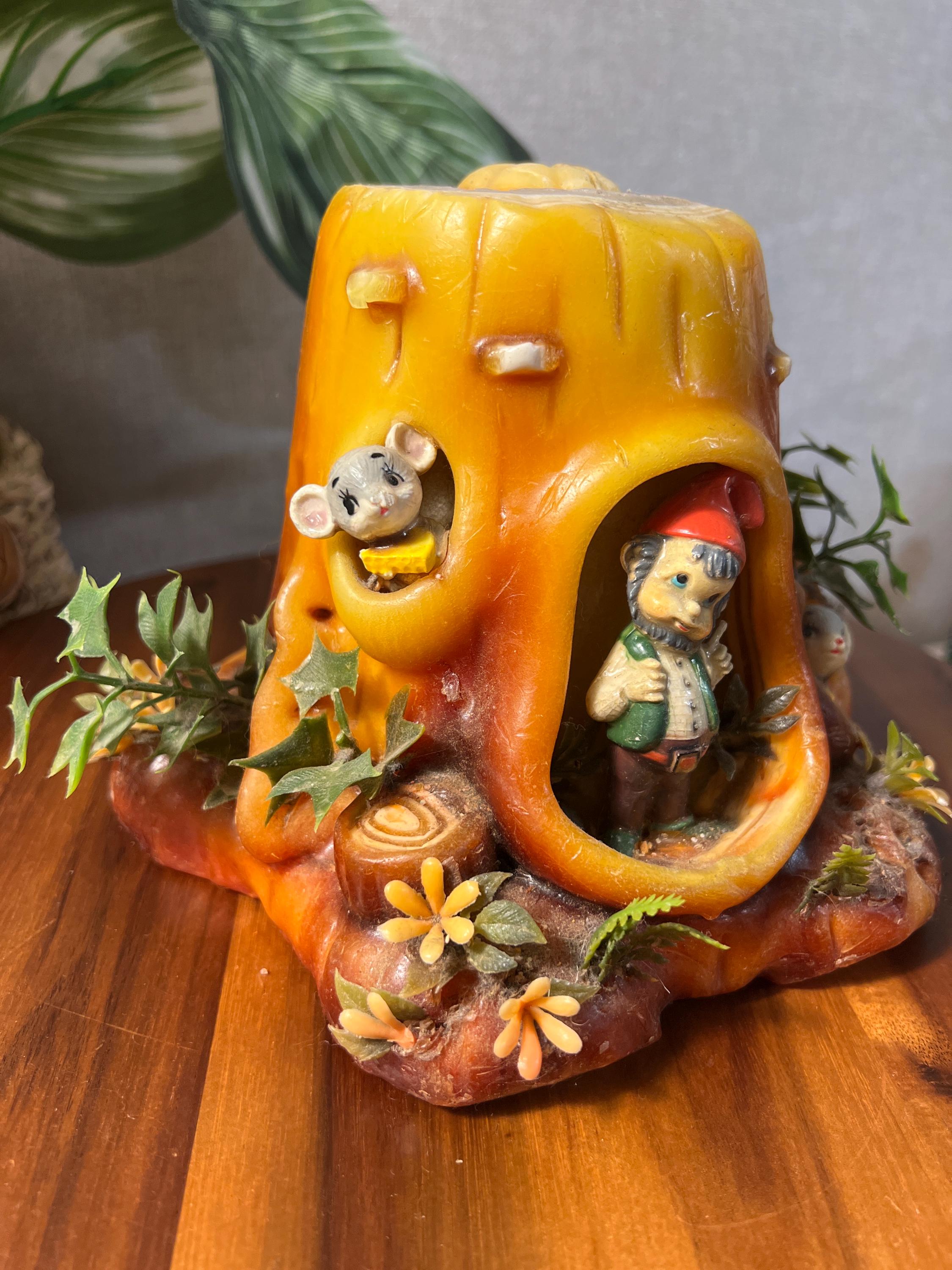 Middle Earth Candle House Stump Candle 70s Vtg Gnome Mushroom with Gnome Handmade