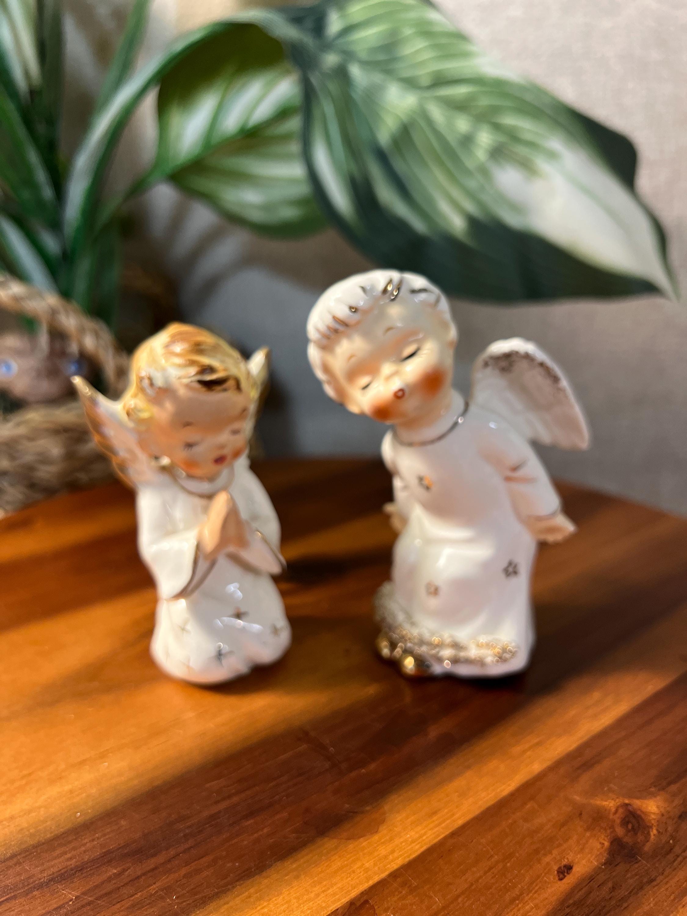 1950s Porcelain Christmas Angel Figurines, Pair — White & Gold, Made in Japan