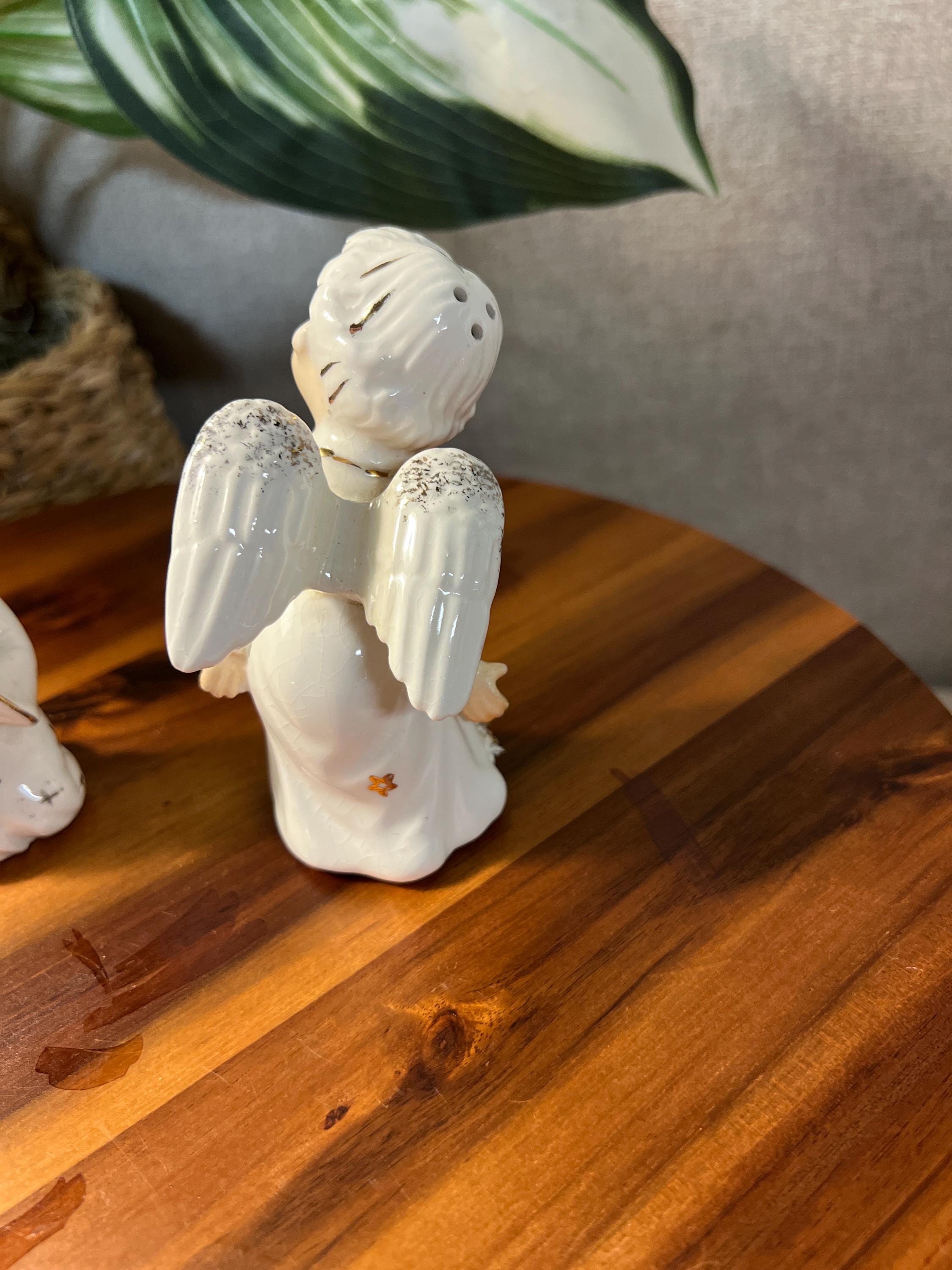 1950s Porcelain Christmas Angel Figurines, Pair — White & Gold, Made in Japan