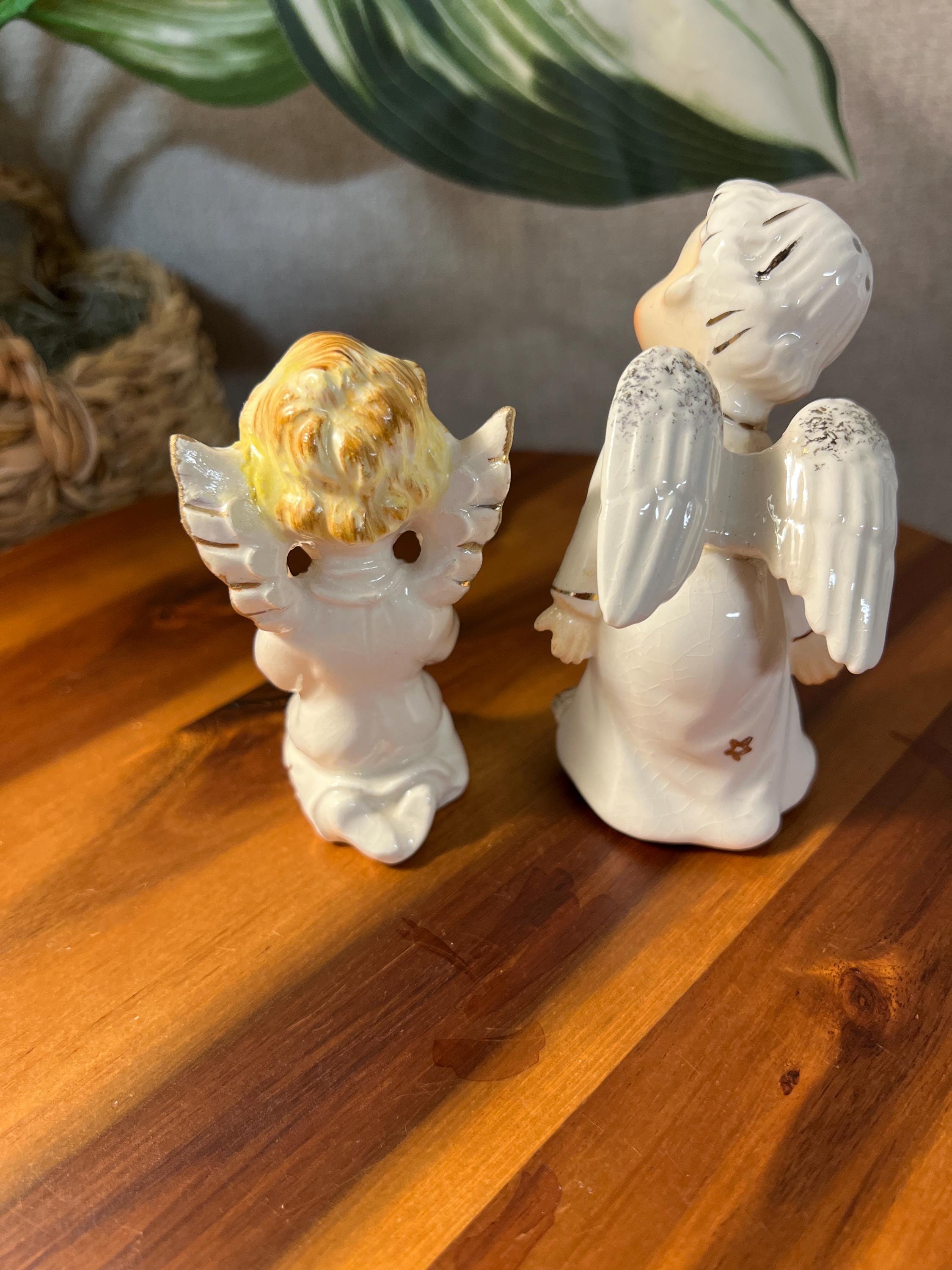 1950s Porcelain Christmas Angel Figurines, Pair — White & Gold, Made in Japan