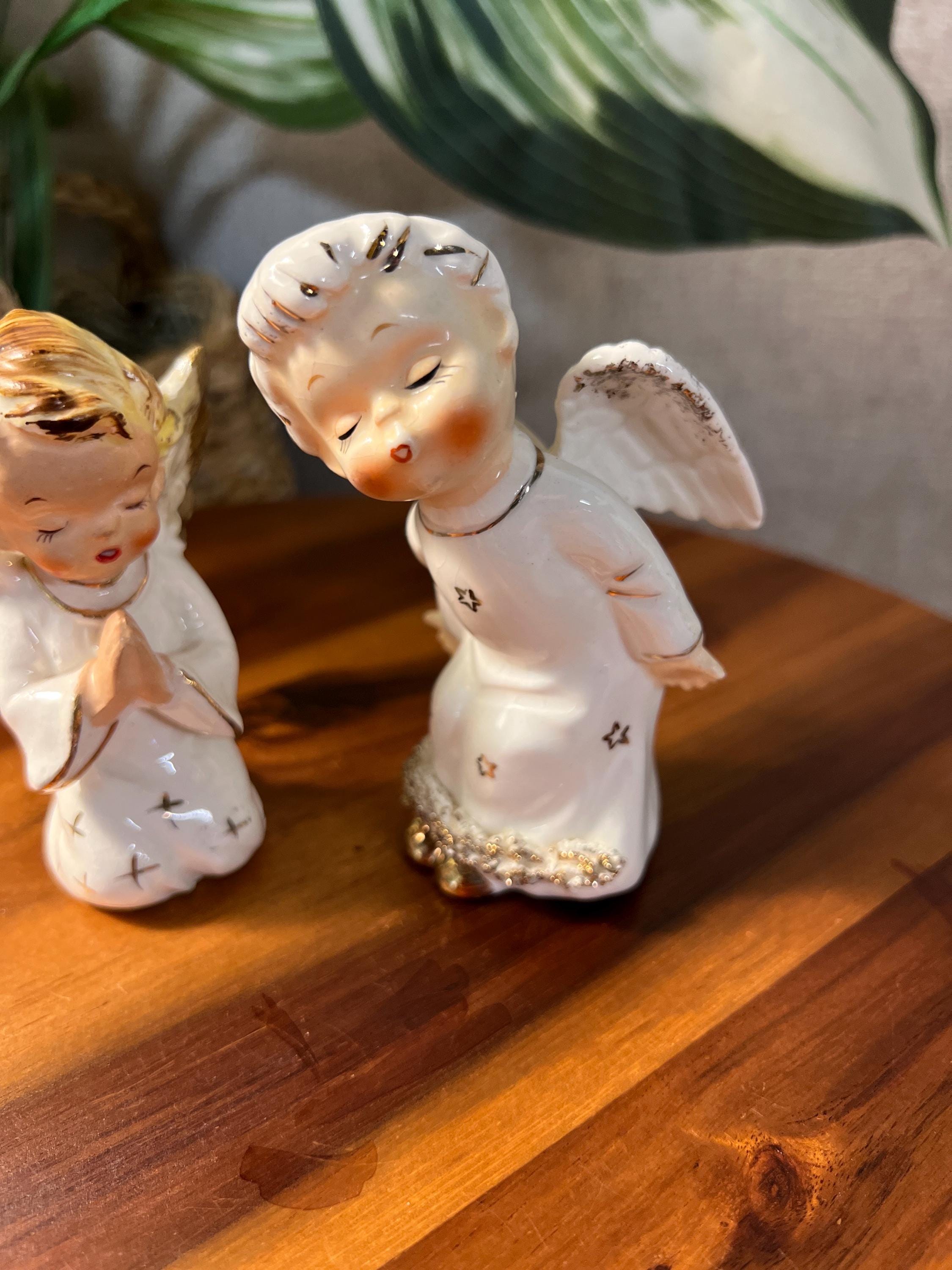 1950s Porcelain Christmas Angel Figurines, Pair — White & Gold, Made in Japan