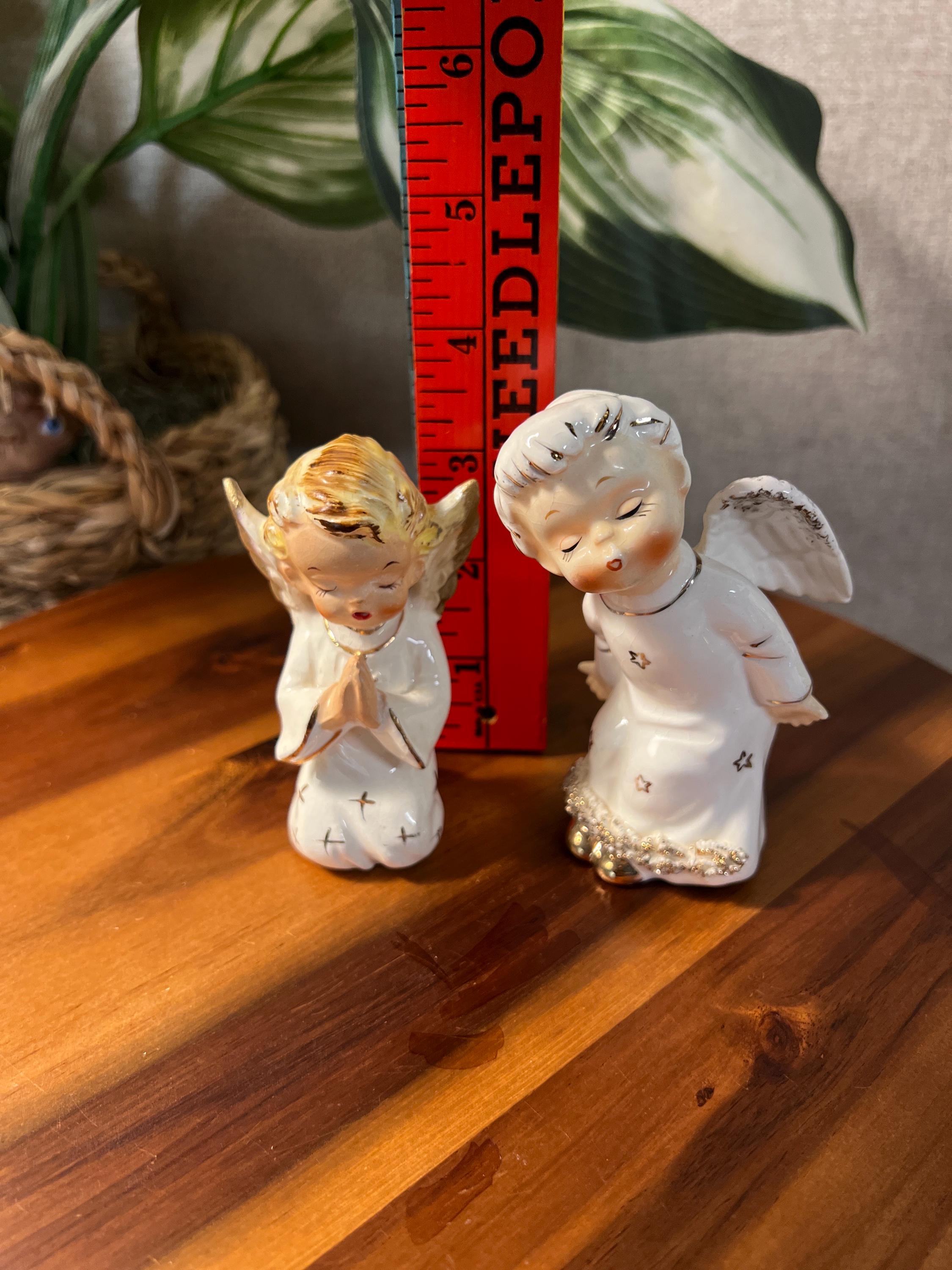 1950s Porcelain Christmas Angel Figurines, Pair — White & Gold, Made in Japan