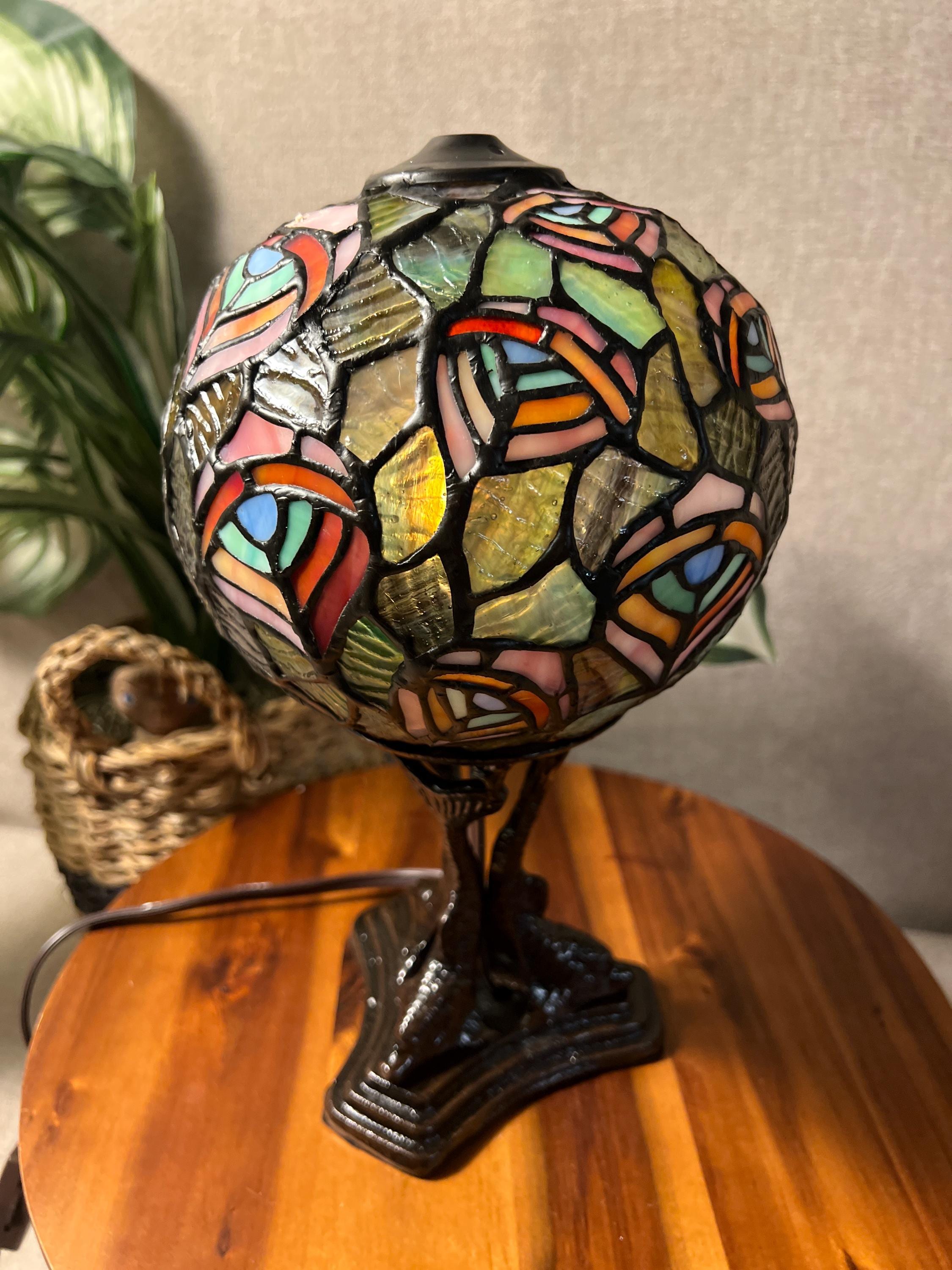 Stained Slag Glass Table Lamp Tiffany Style Peacock 3 Fish Round Dome Sphere