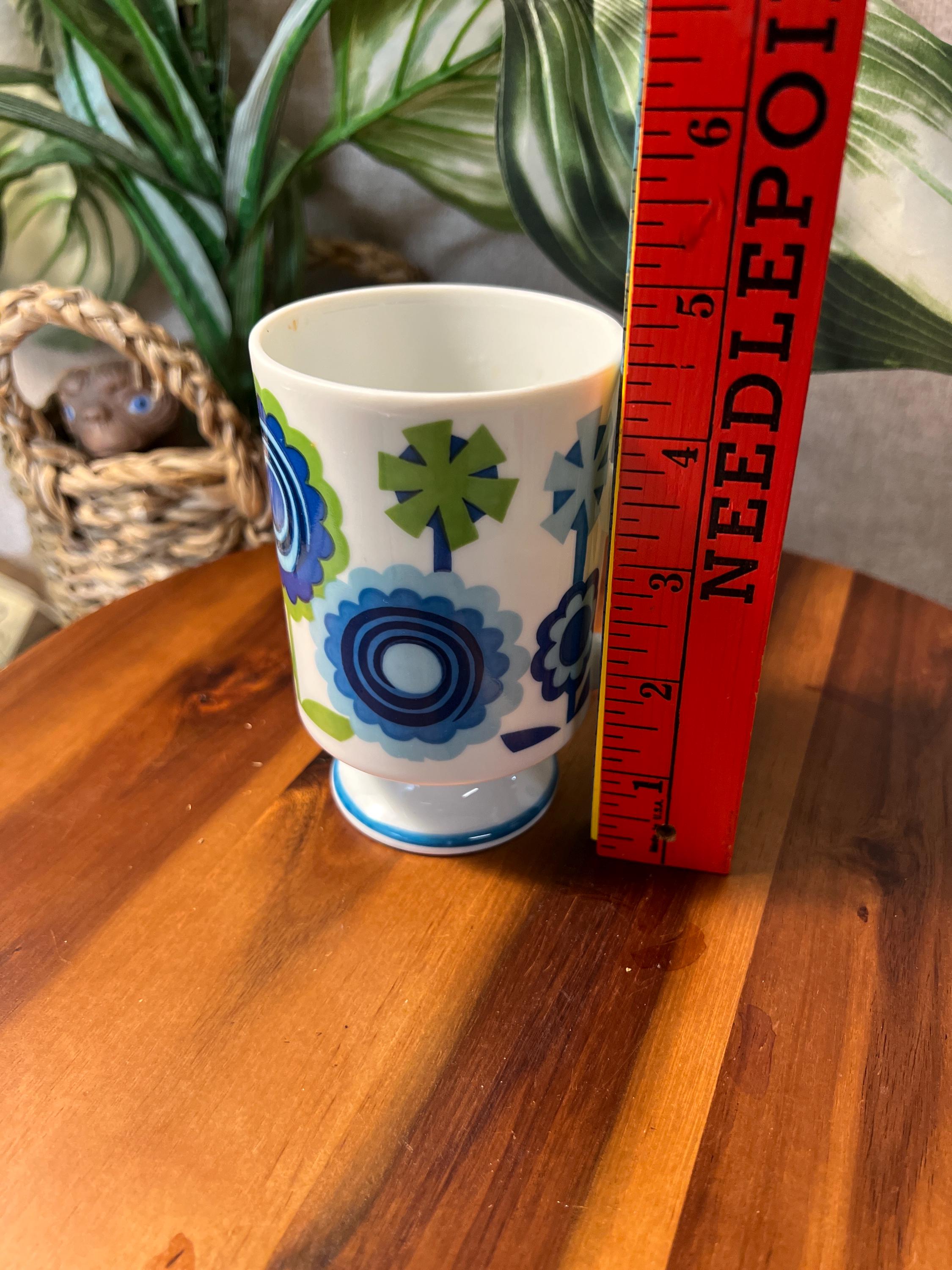 Vintage Mid Century Pedestal Mug, Blue Floral Design