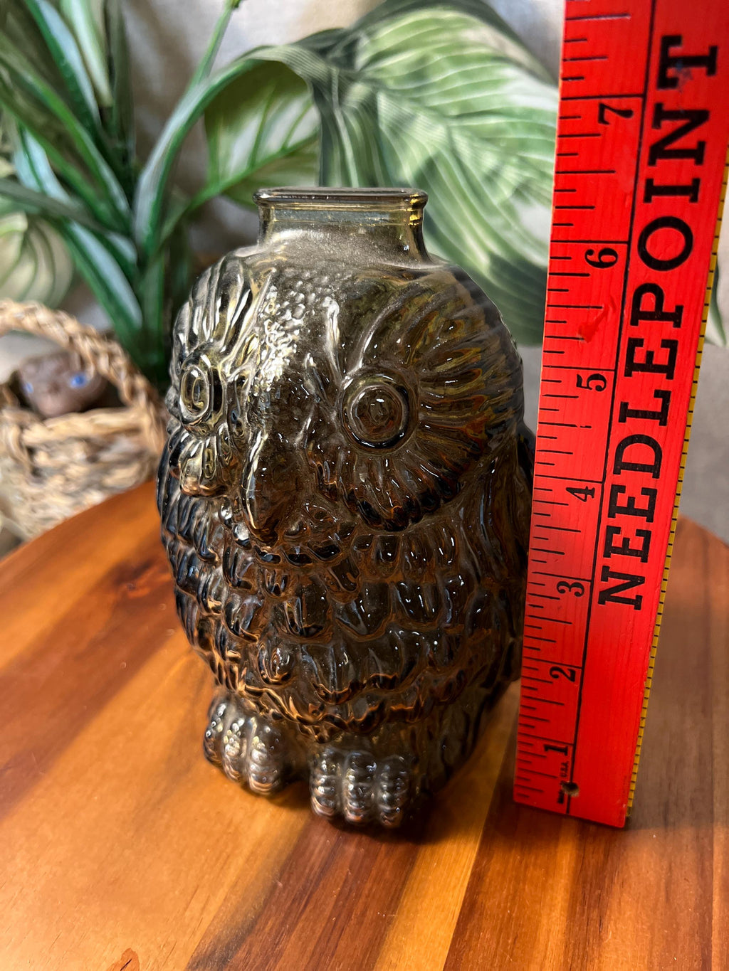 Vintage 1970s Wise Old Owl Coin Bank Brown Glass  made by Libbey