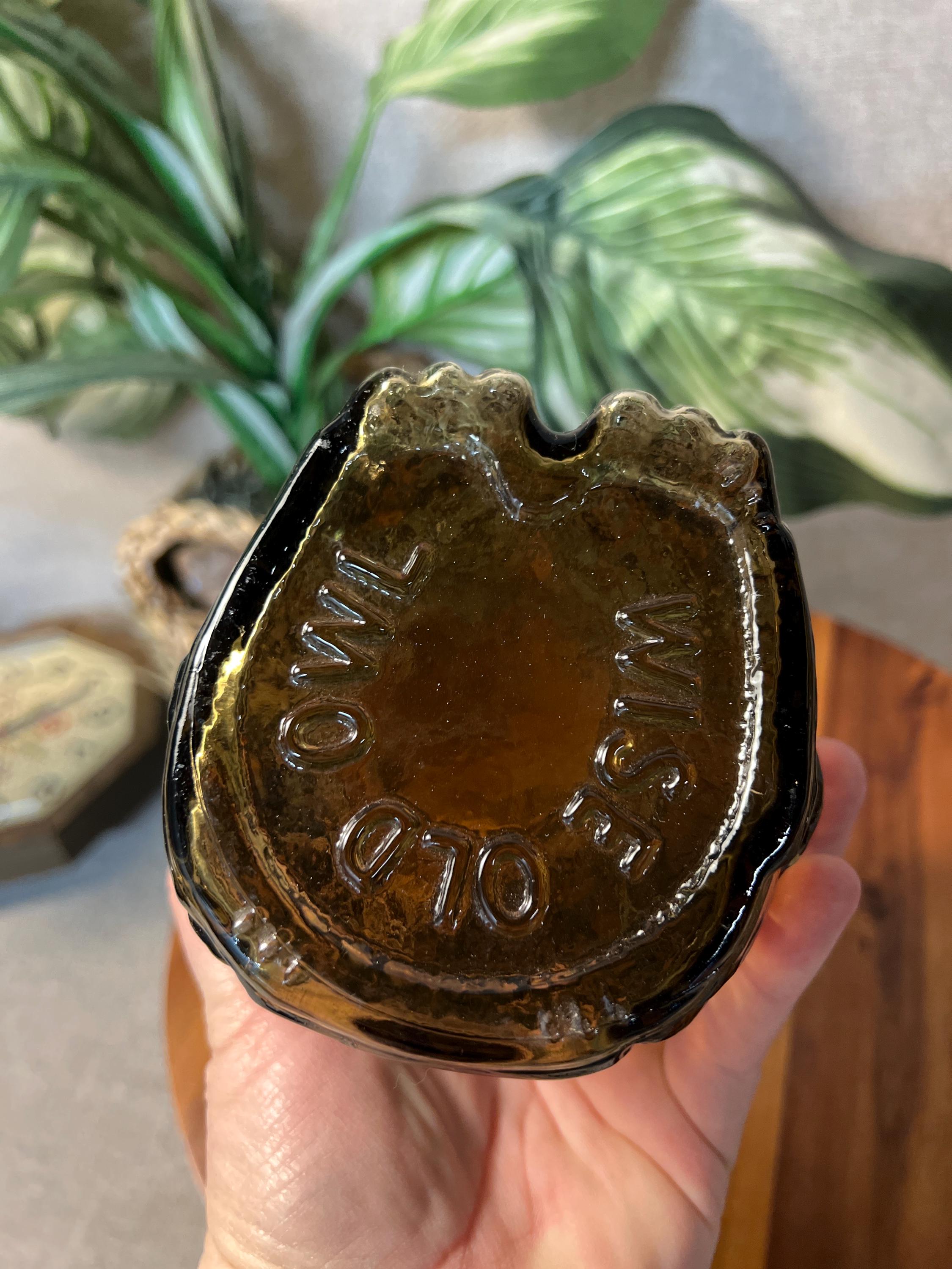 Vintage 1970s Wise Old Owl Coin Bank Brown Glass  made by Libbey