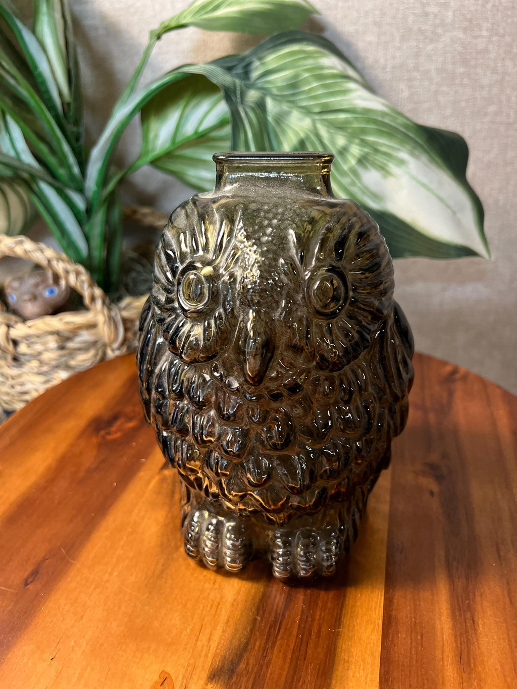 Vintage 1970s Wise Old Owl Coin Bank Brown Glass  made by Libbey