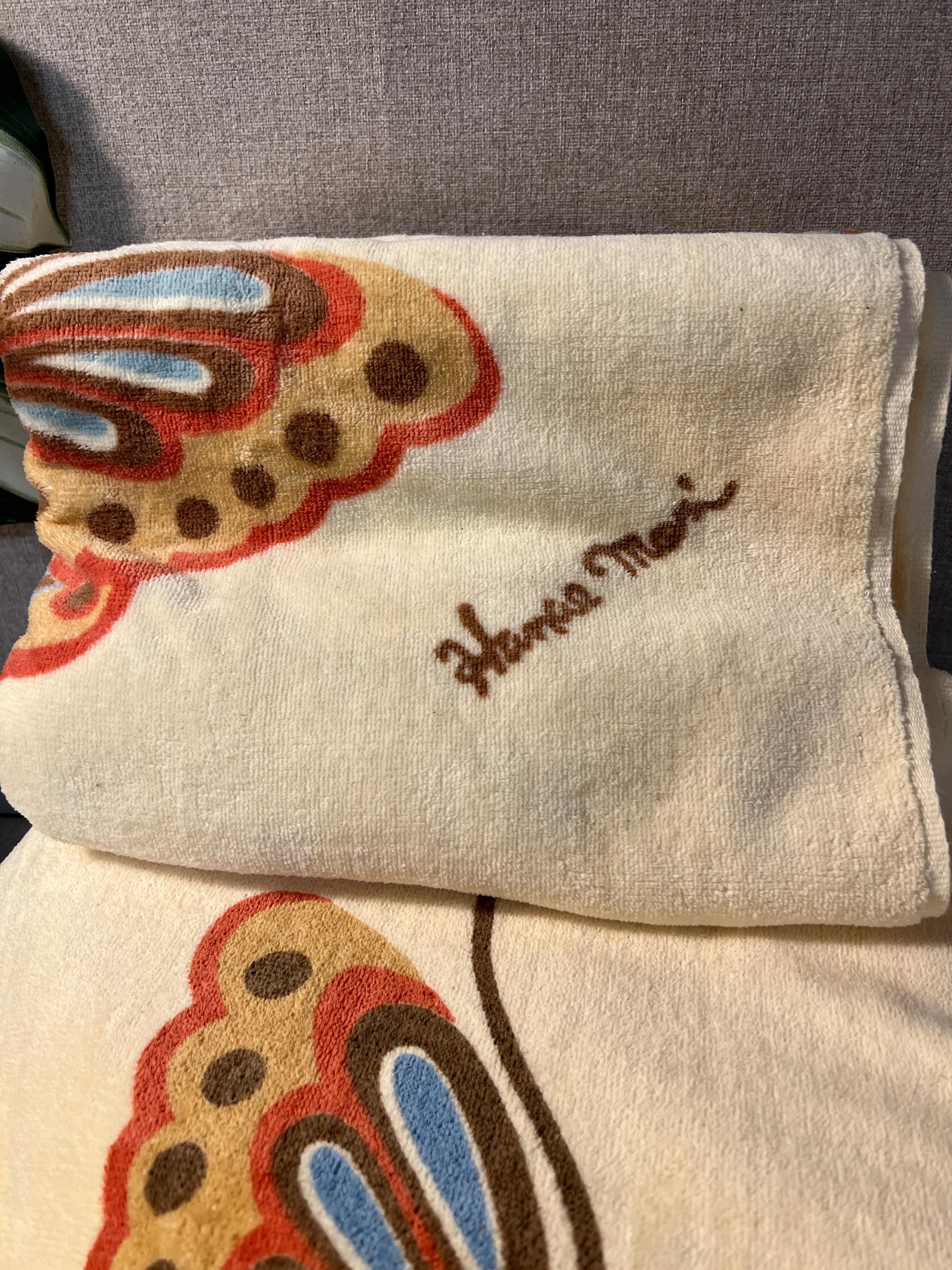 Set of 3 Vintage Hanae Mori Hand Bath Towel  Yellow Butterfly small stains 48x24