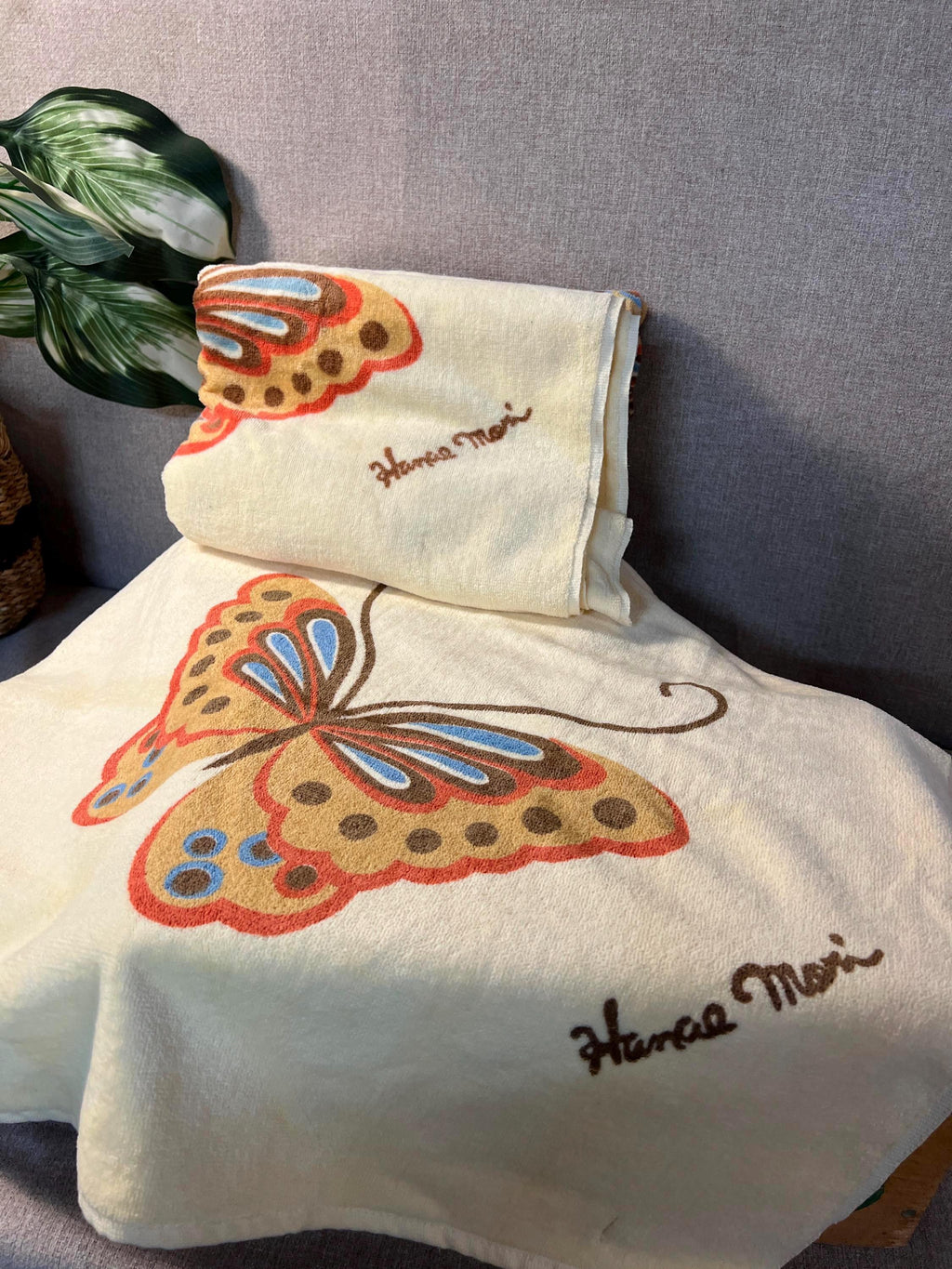 Set of 3 Vintage Hanae Mori Hand Bath Towel  Yellow Butterfly small stains 48x24