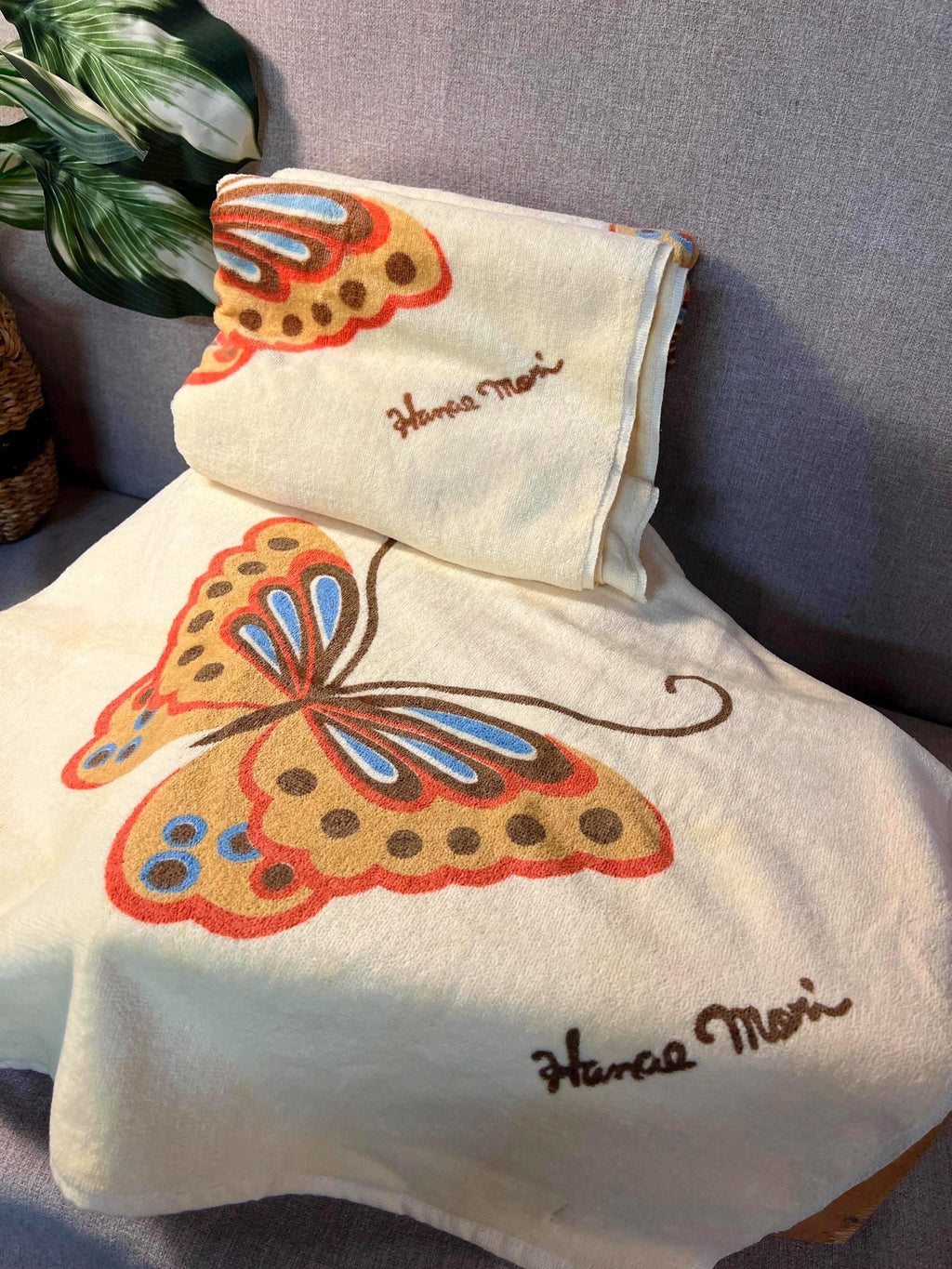 Set of 3 Vintage Hanae Mori Hand Bath Towel  Yellow Butterfly small stains 48x24