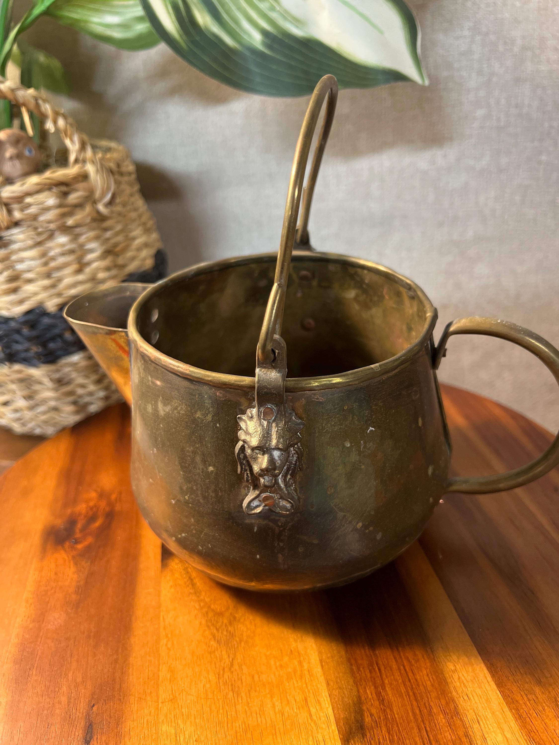 Vintage Small Brass Planter W/Top Handle & Side Handles Lion Faces
