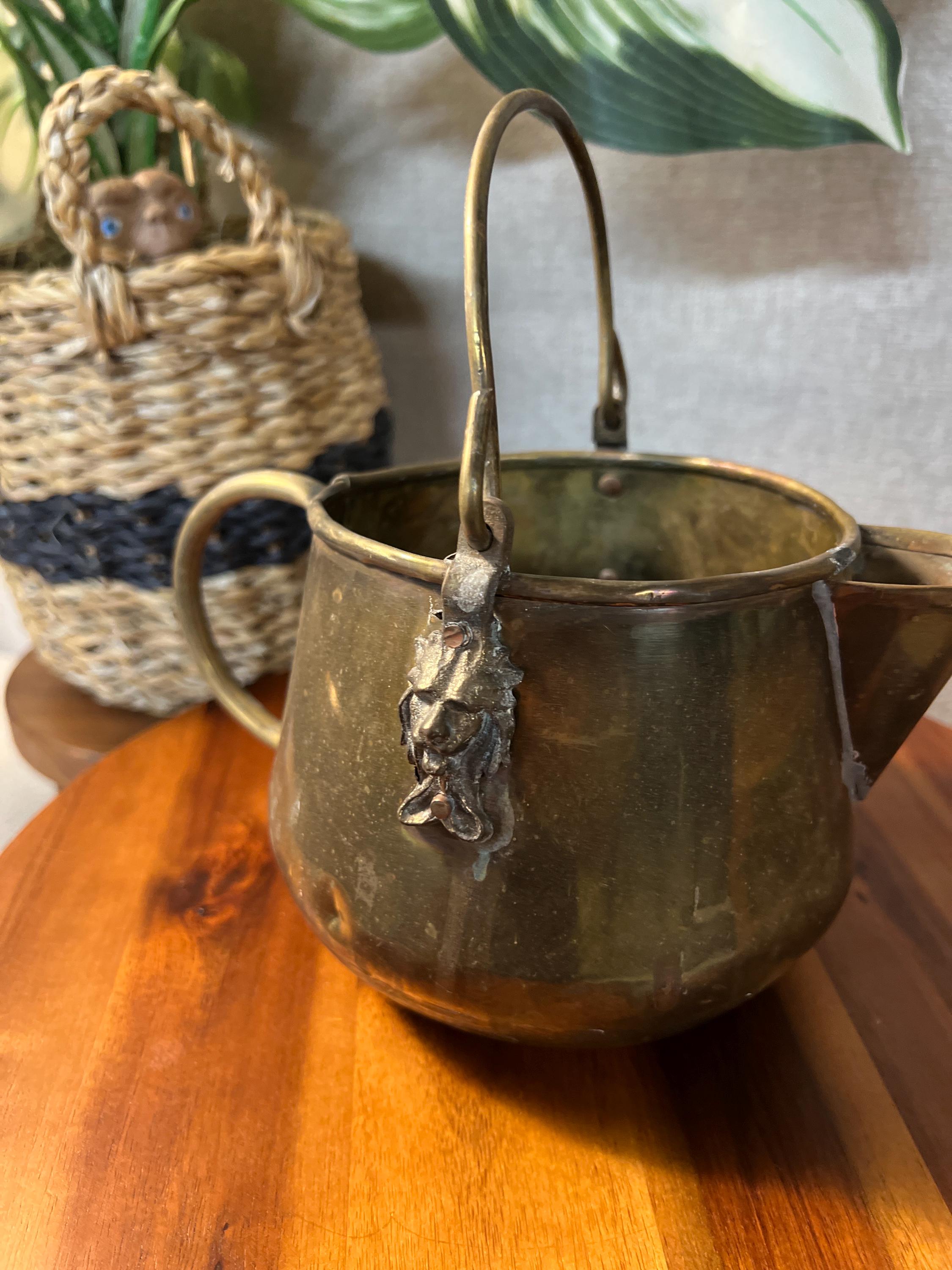 Vintage Small Brass Planter W/Top Handle & Side Handles Lion Faces