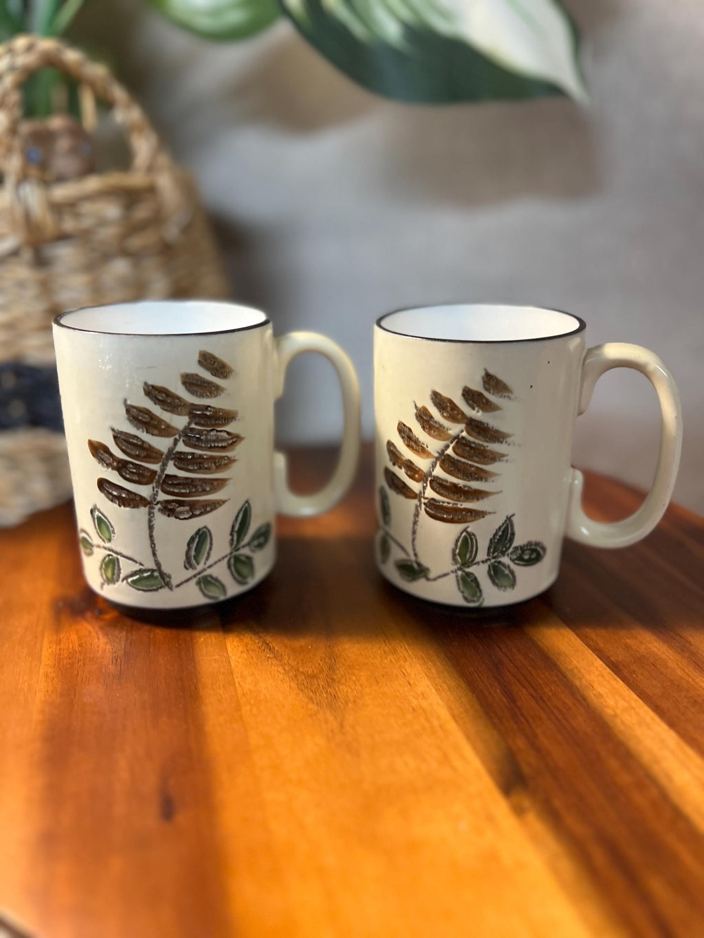 MCM stoneware leaf design mugs set of 2 vintage