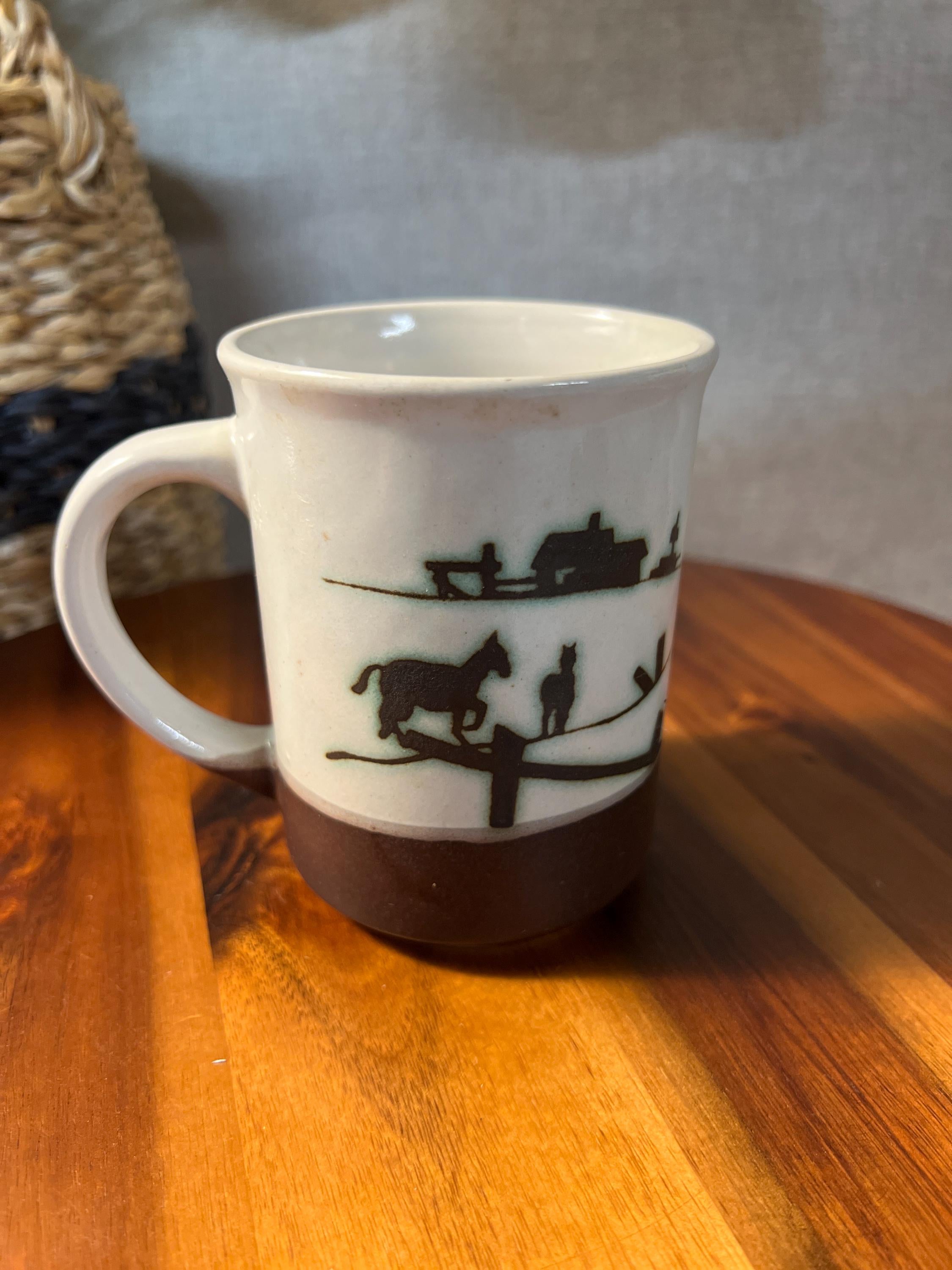 Vintage CLAY IN MIND Farm Scene  Brown Coffee Tea Cup Mug
