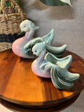 Pair  Of Hull Pottery Bandana Duck Planter mom and baby, Trinket Dish,  Pink Blue White USA