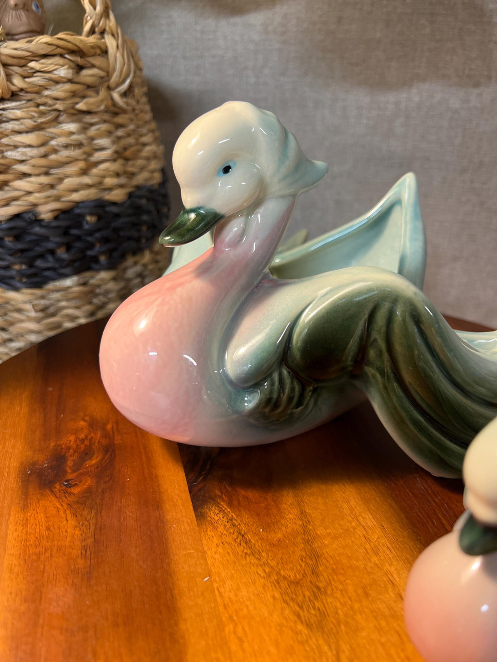 Pair  Of Hull Pottery Bandana Duck Planter mom and baby, Trinket Dish,  Pink Blue White USA
