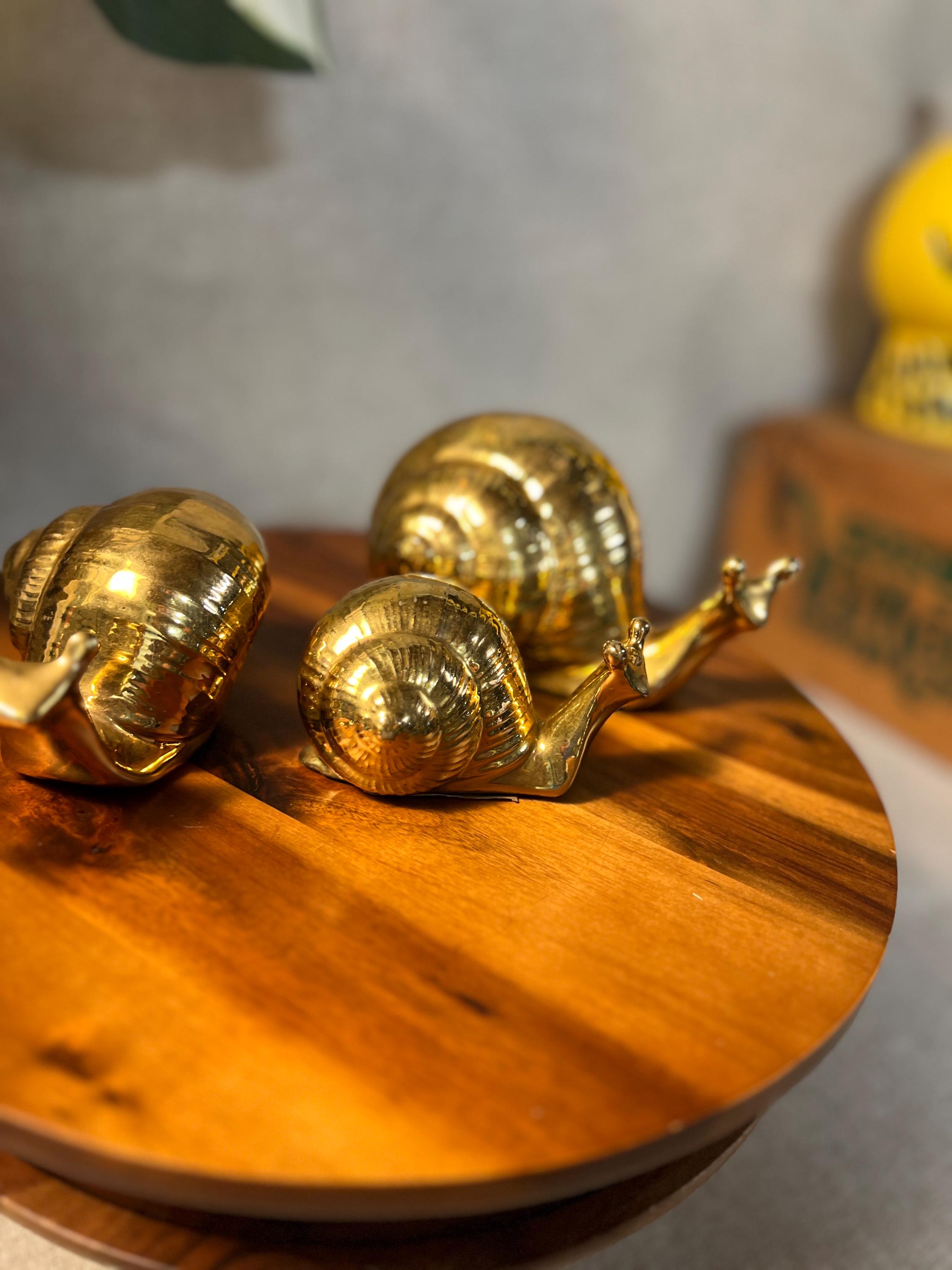 Vtg  MCM Set/3 Ceramic Snails Gold 70s Snail Mom, Dad & Child Family Marked
