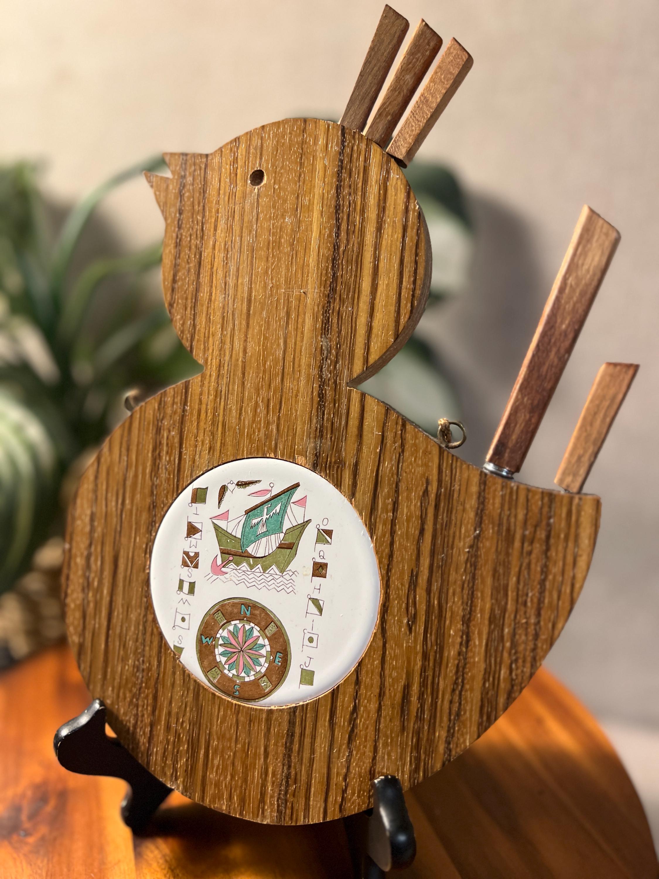 Vtg bird shaped Cheese Bread Cutting Board Wood With Tile made in Japan With Knife and small forks