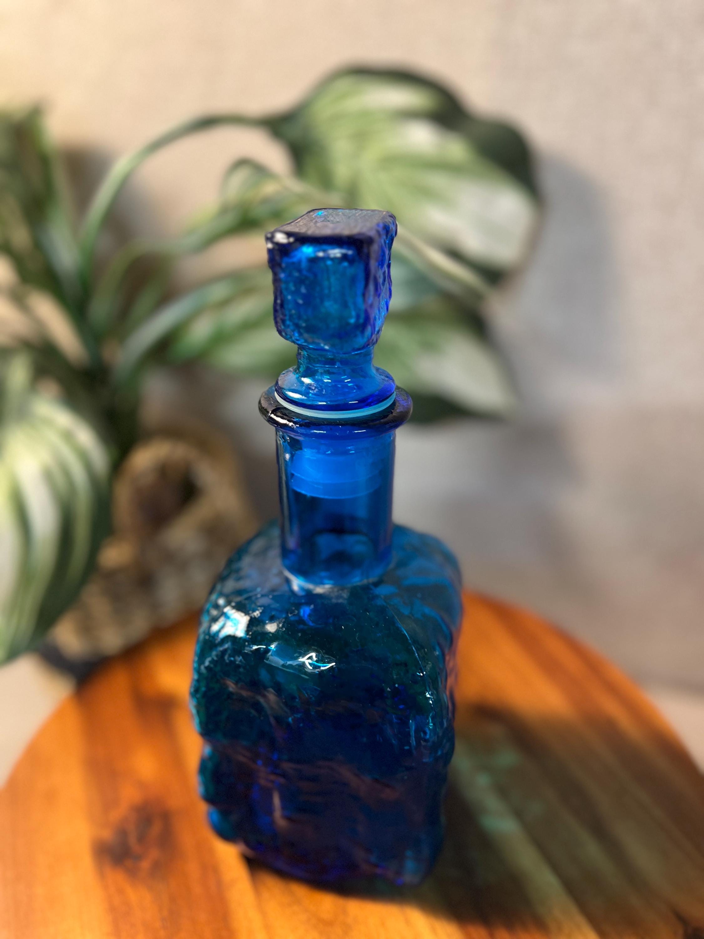 Mid Century Vintage Italy Empoli Decanter Blue Wavy Glass
