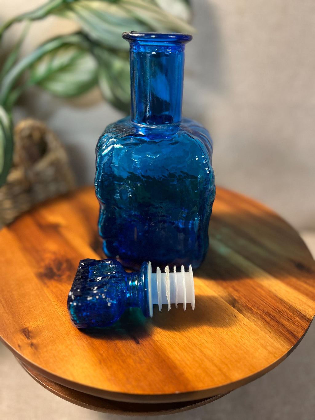 Mid Century Vintage Italy Empoli Decanter Blue Wavy Glass