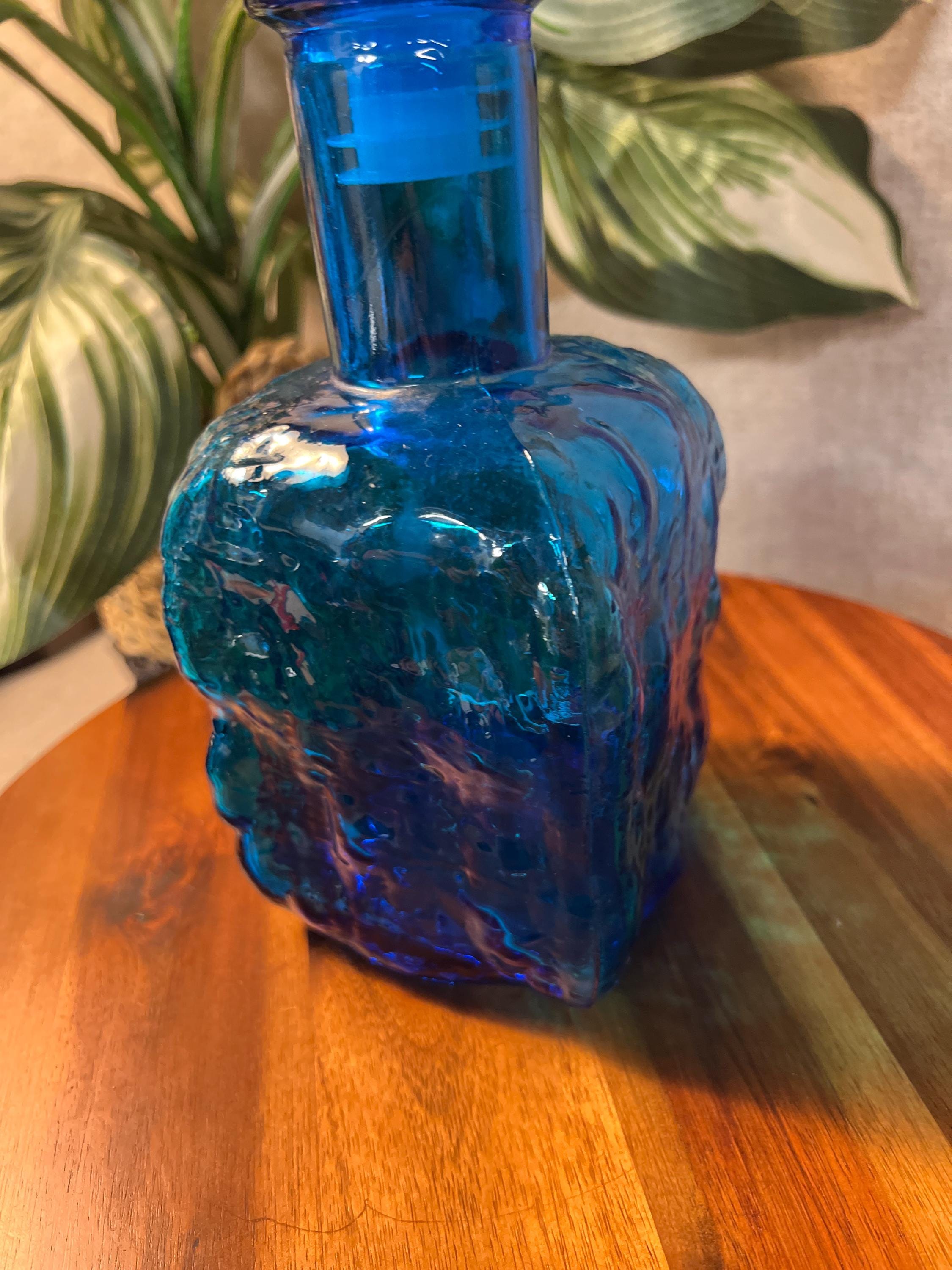 Mid Century Vintage Italy Empoli Decanter Blue Wavy Glass