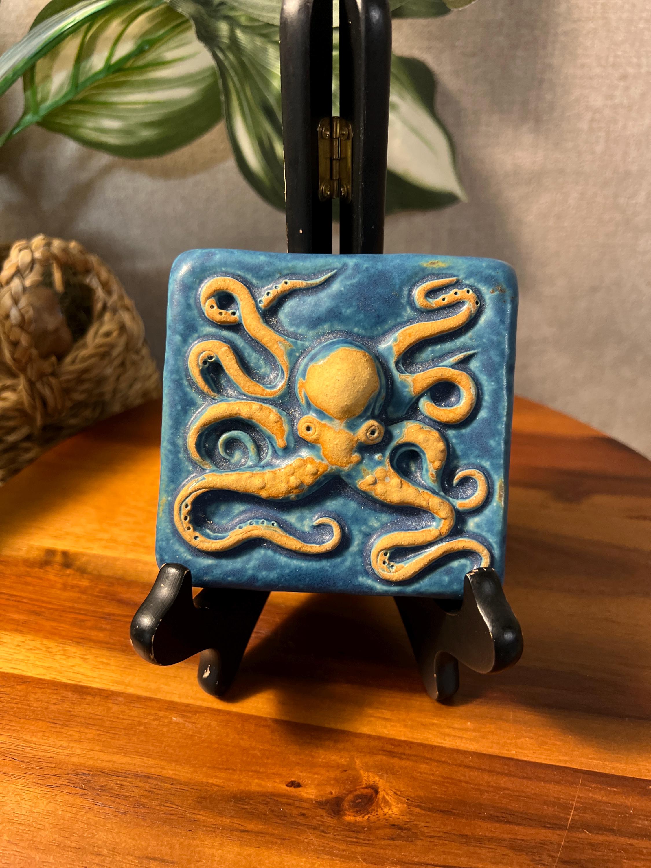Gretchen Kramp Ceramic Octopus ART TILE 4" Square Blue Brown