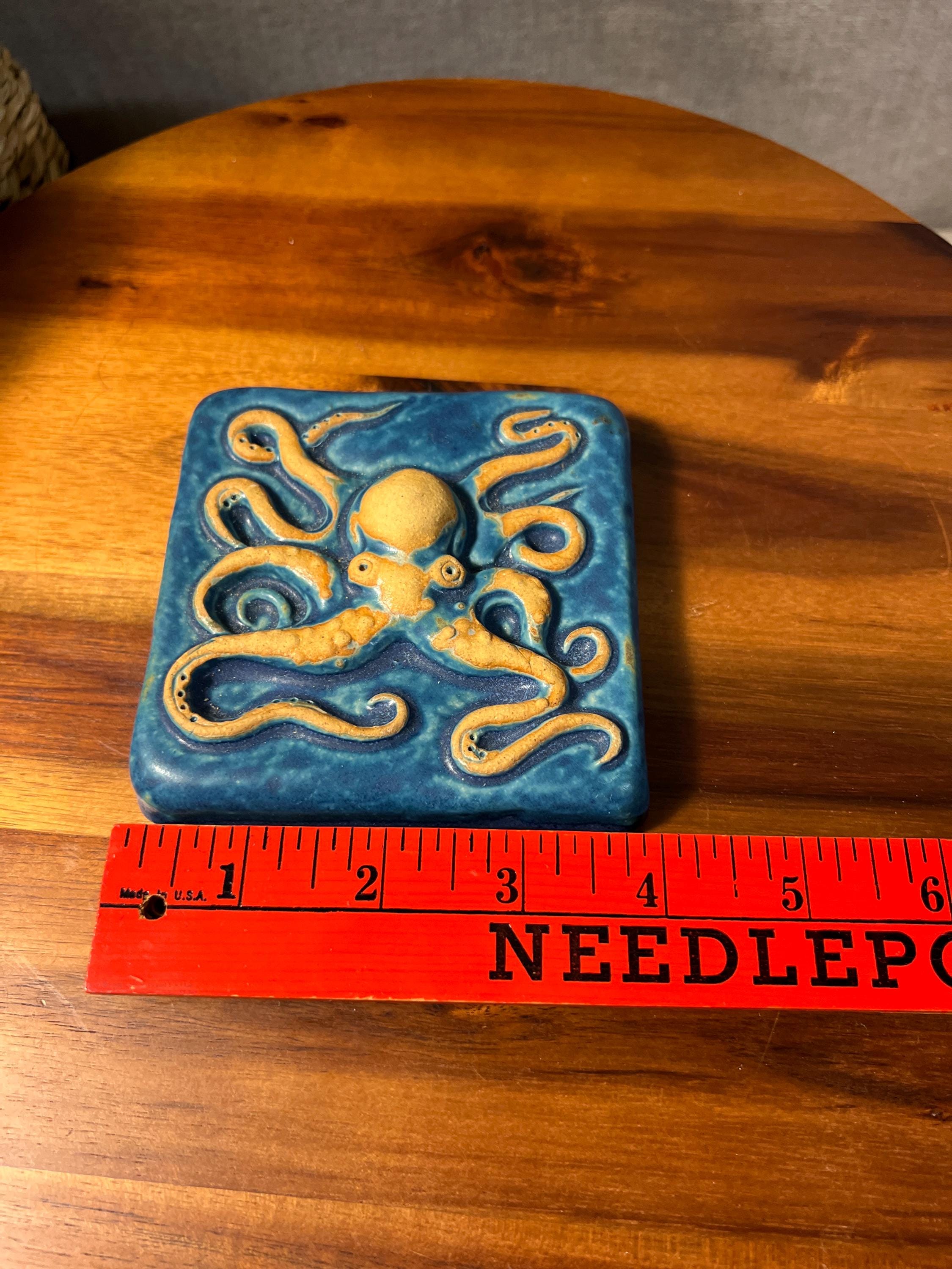 Gretchen Kramp Ceramic Octopus ART TILE 4" Square Blue Brown