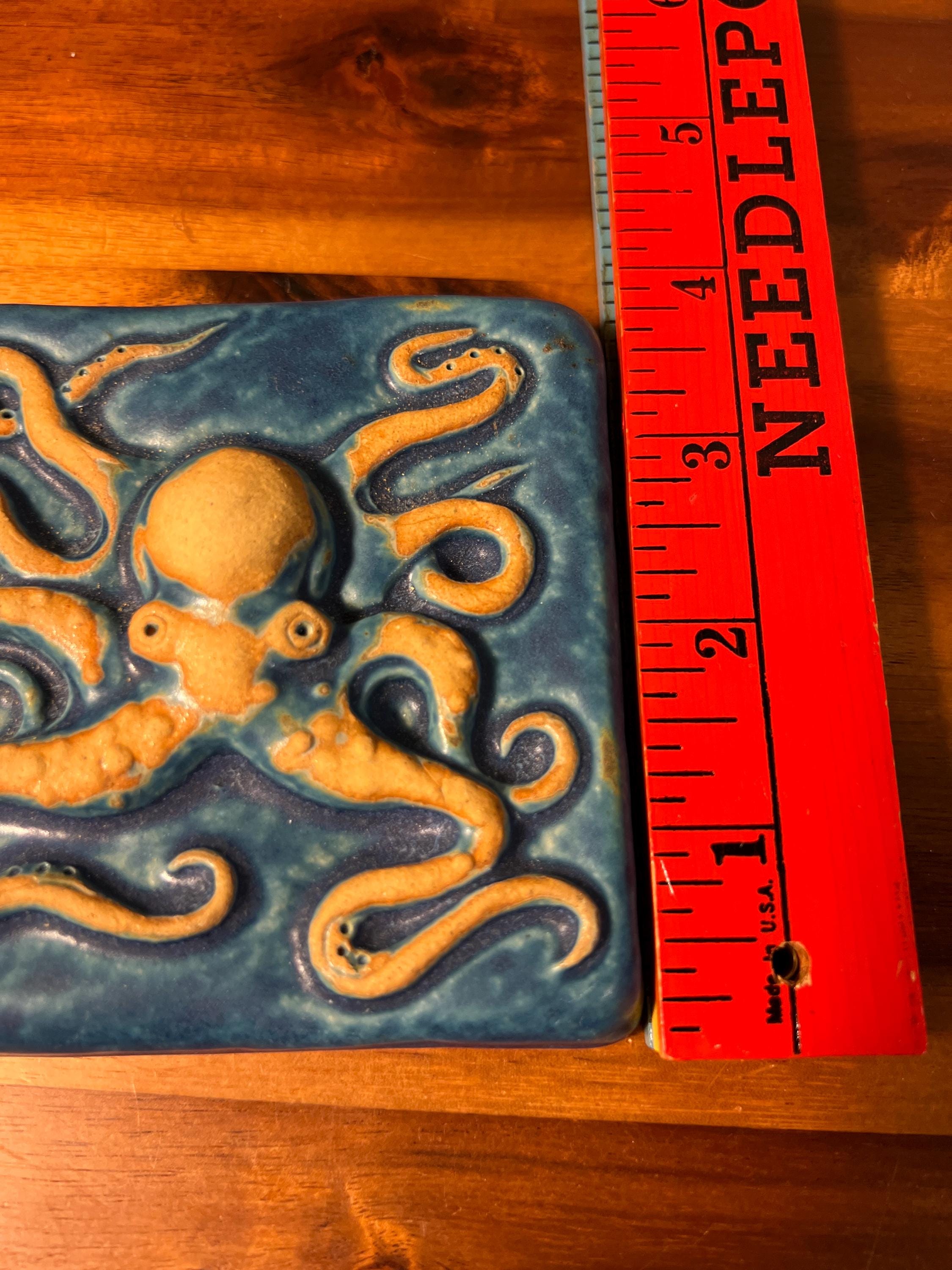 Gretchen Kramp Ceramic Octopus ART TILE 4" Square Blue Brown