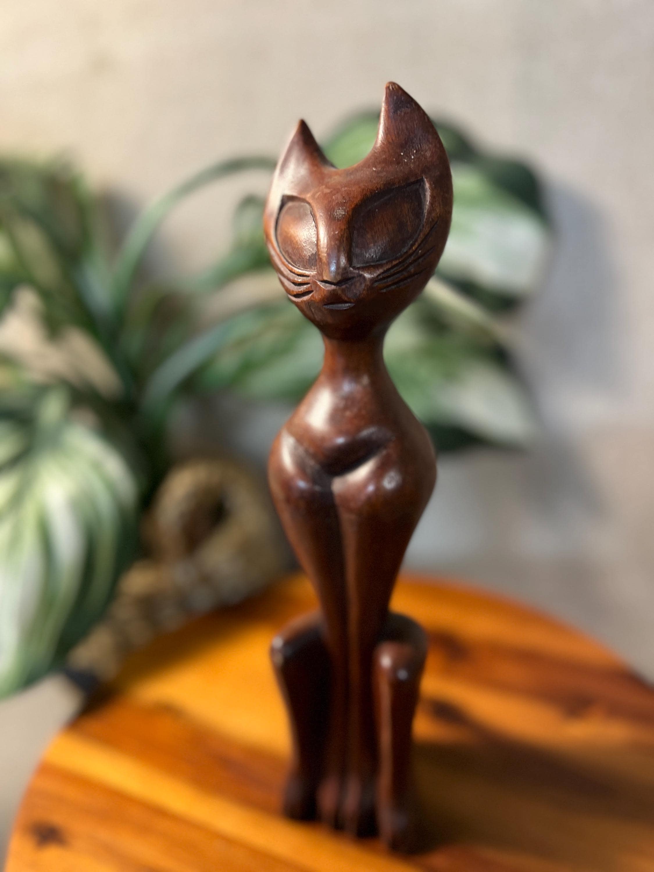 Vtg MCM Carved Teak Wooden Siamese Cat Figure Retro Boho Home Decor