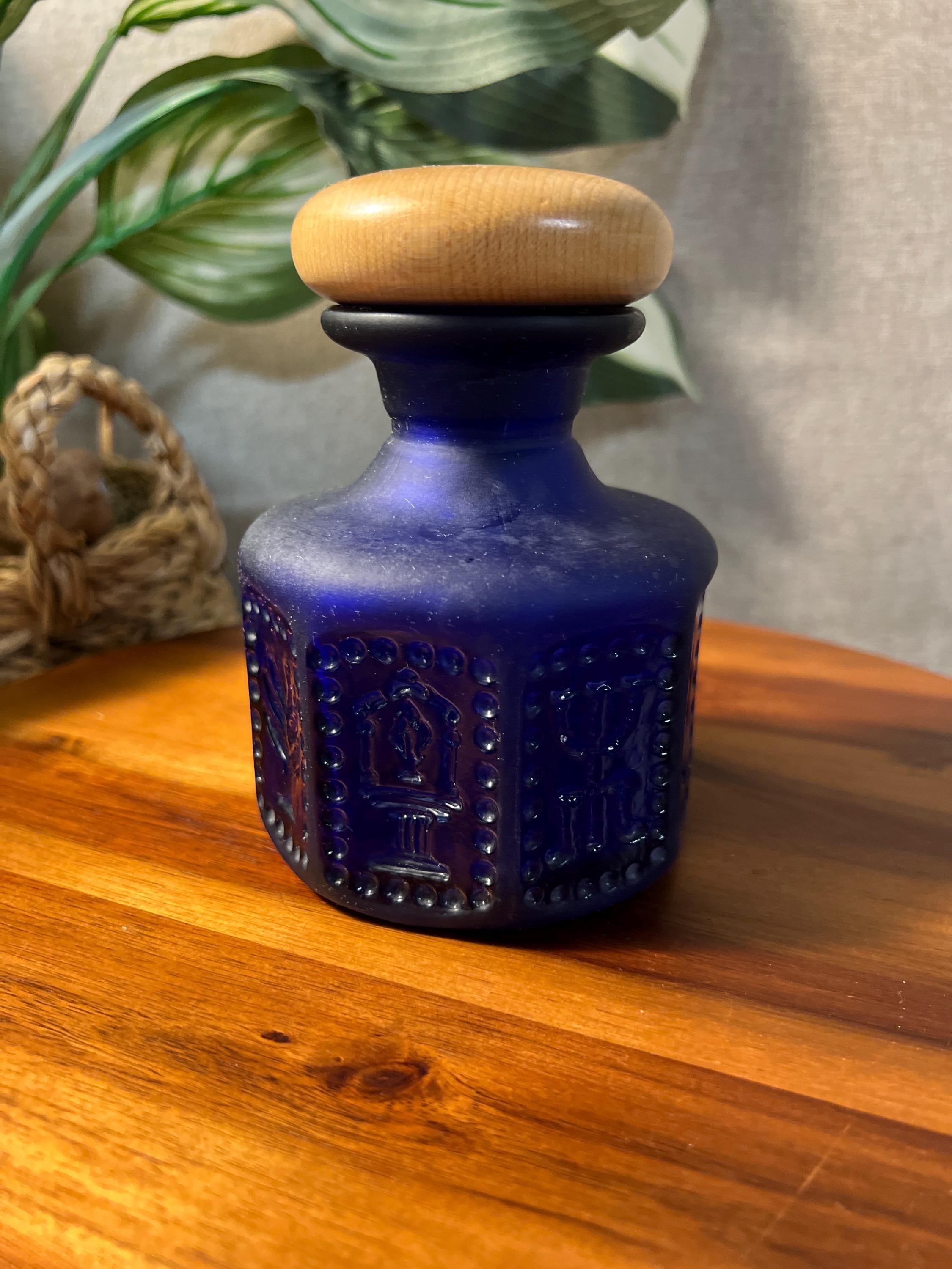 Antique Greek Doan Impressed Religious Dark Cobalt Blue Bottle with Wood Topper