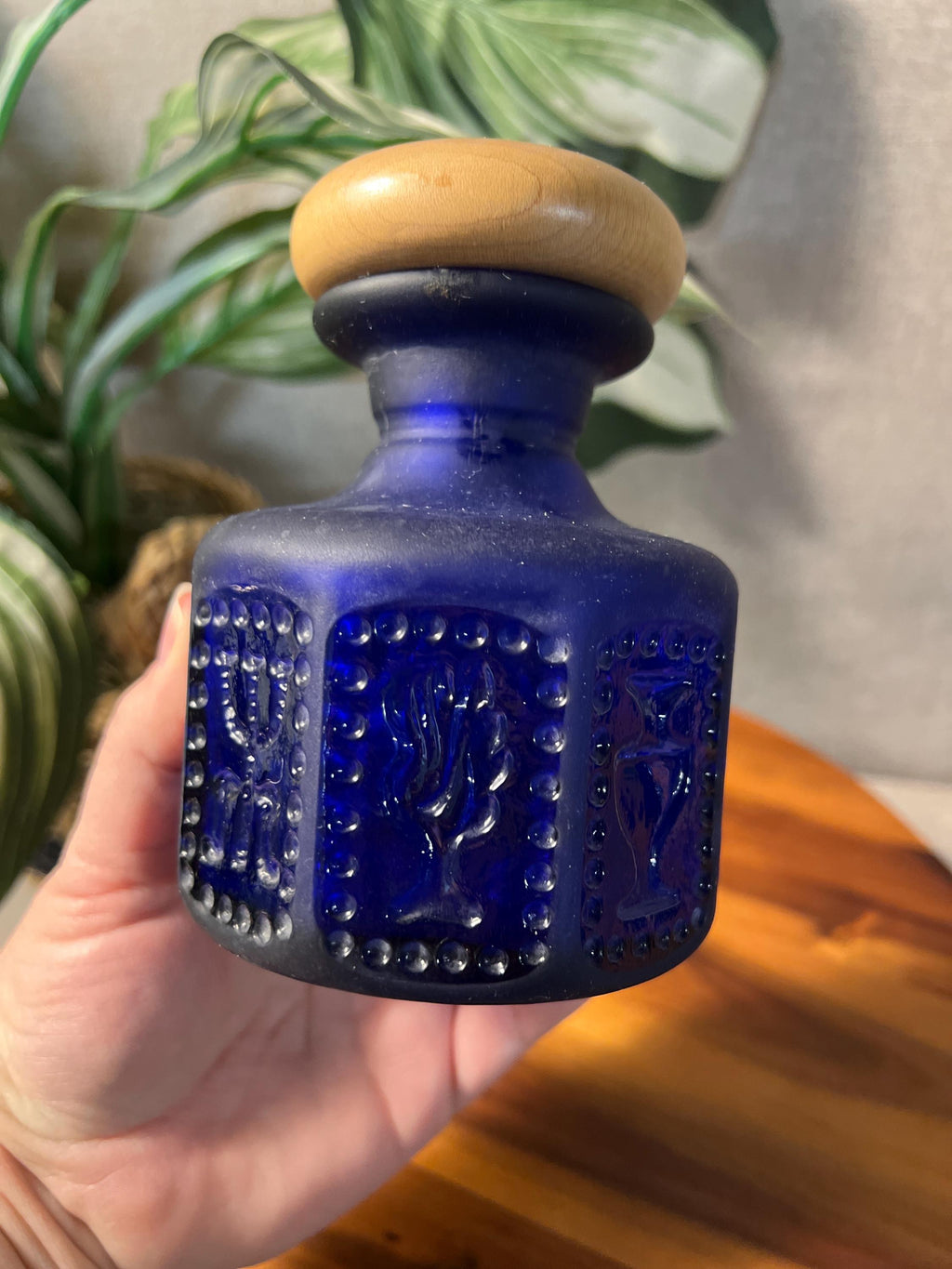 Antique Greek Doan Impressed Religious Dark Cobalt Blue Bottle with Wood Topper