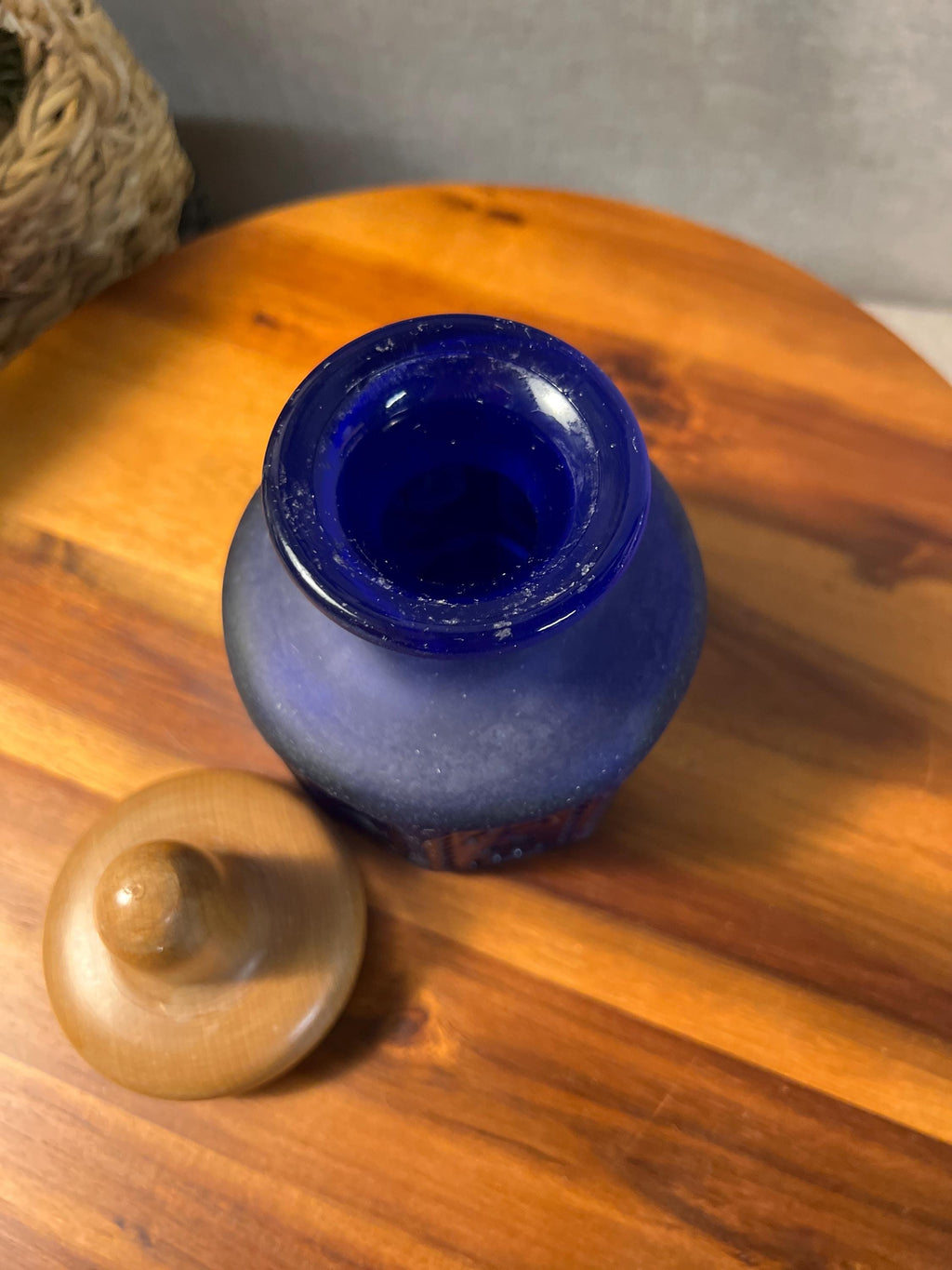 Antique Greek Doan Impressed Religious Dark Cobalt Blue Bottle with Wood Topper
