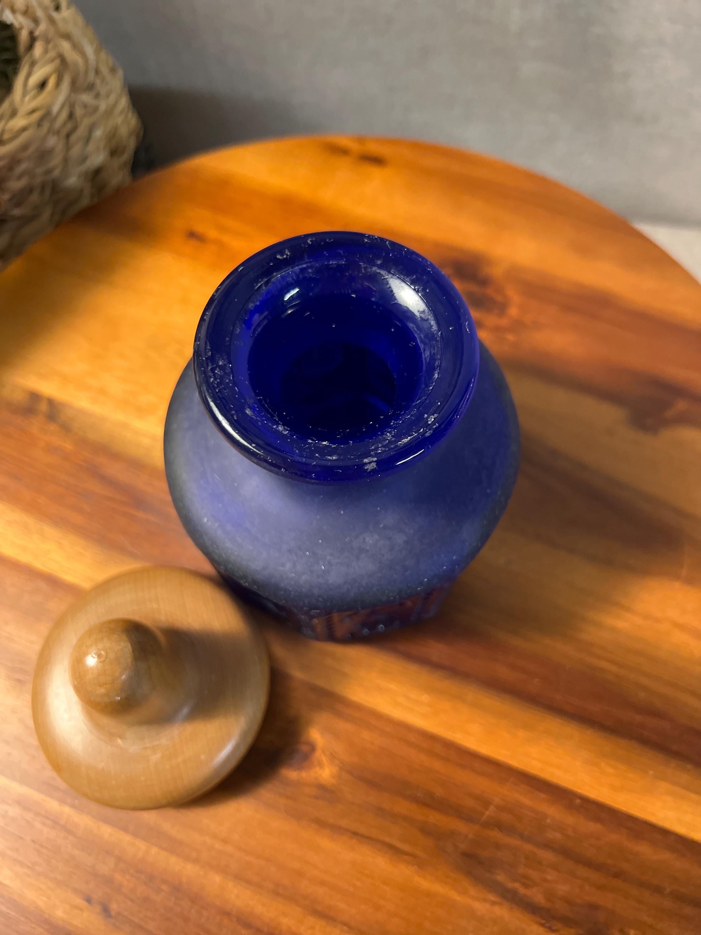 Antique Greek Doan Impressed Religious Dark Cobalt Blue Bottle with Wood Topper