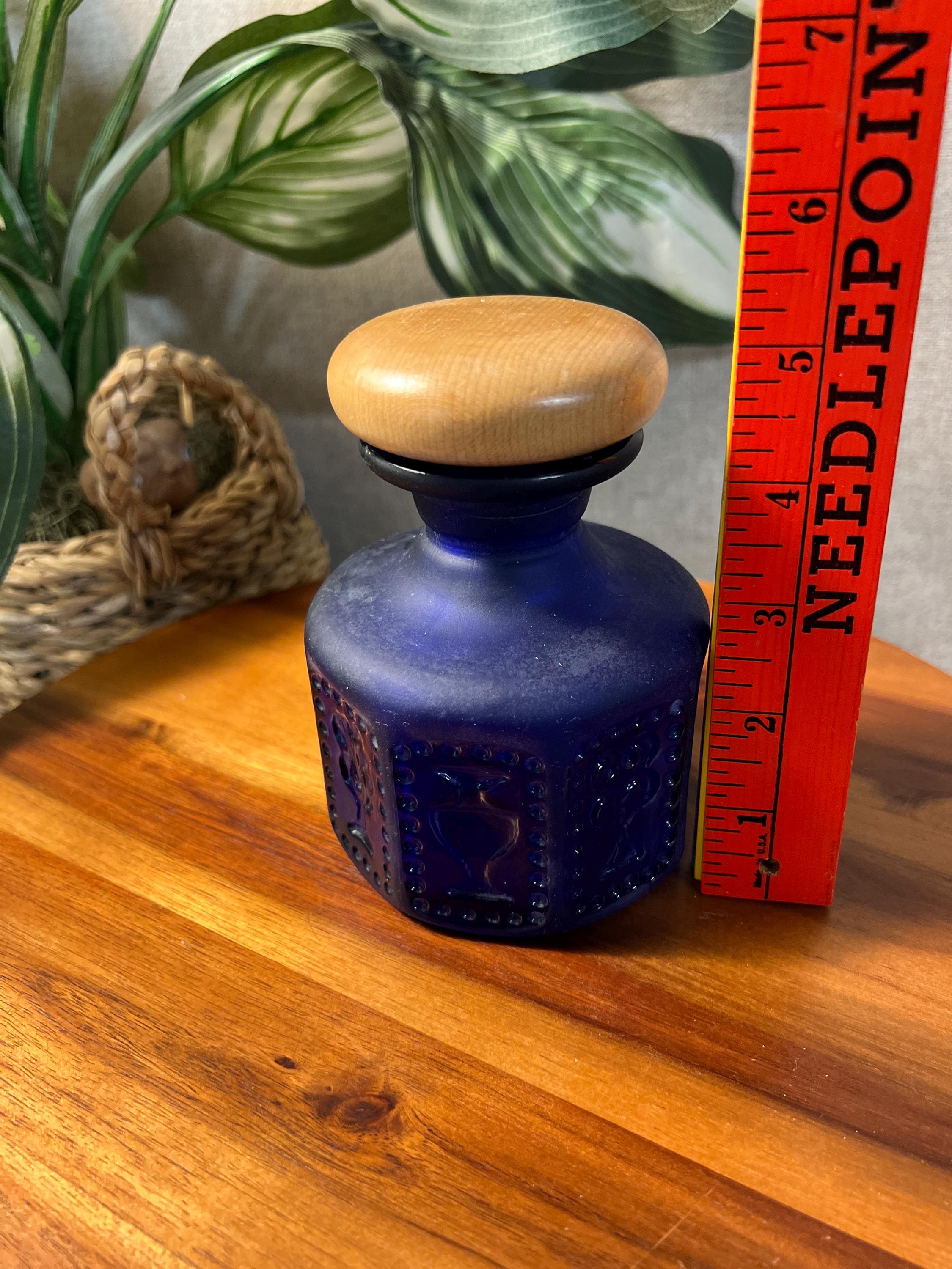 Antique Greek Doan Impressed Religious Dark Cobalt Blue Bottle with Wood Topper