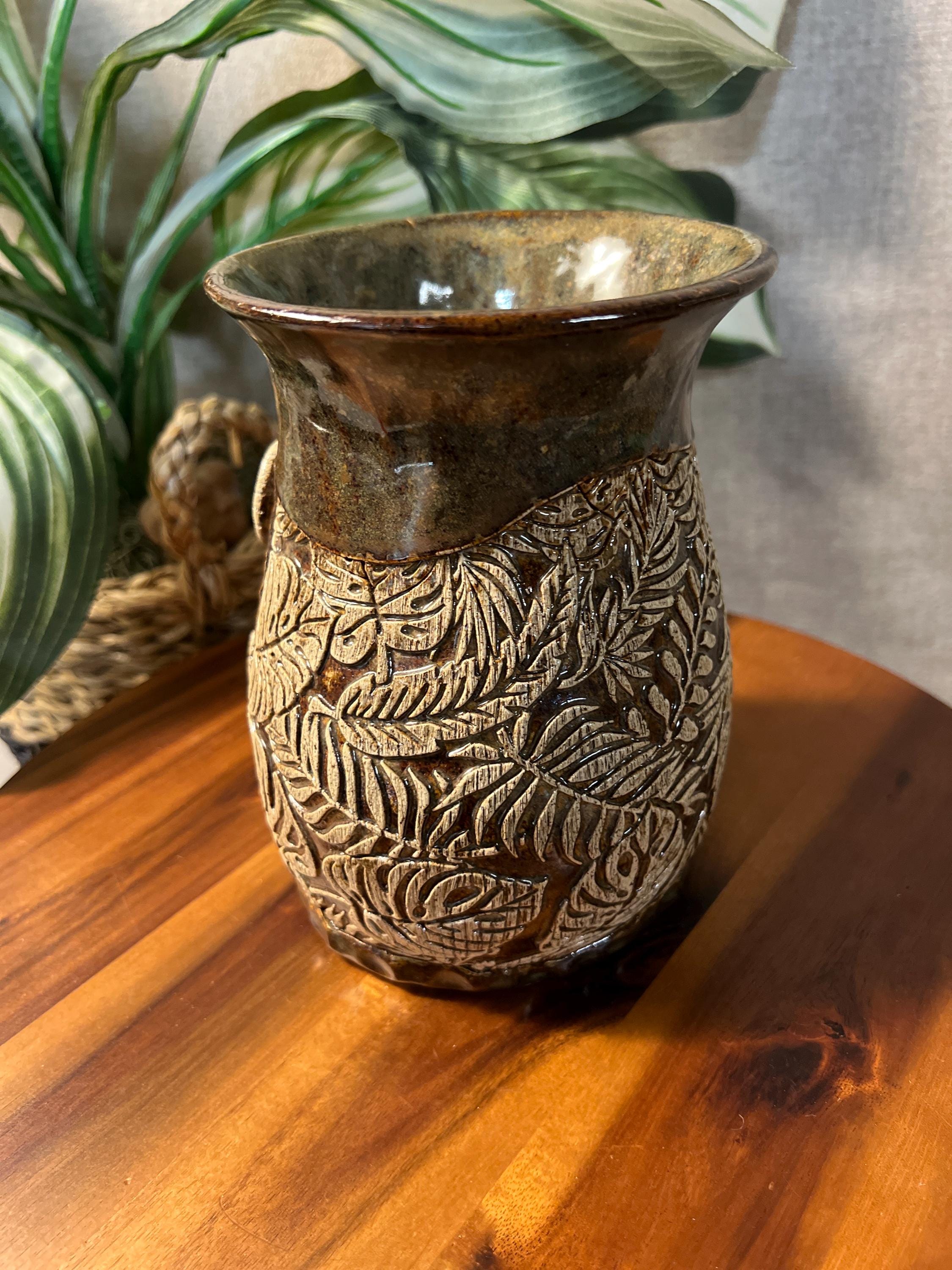 Mid Century Studio Art Pottery Tan Olive Green Floral and Monstera plant Vase Artist Signed