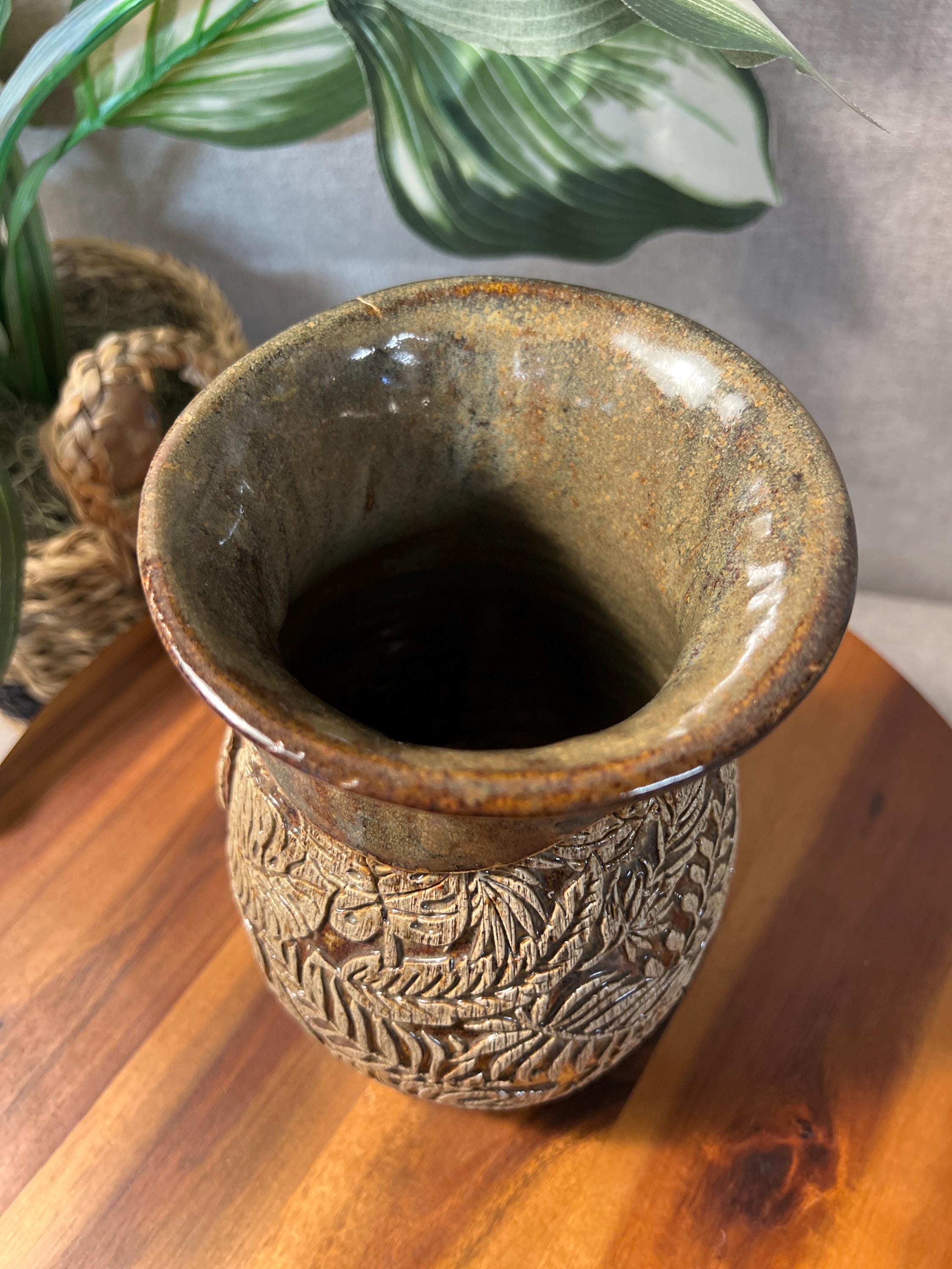 Mid Century Studio Art Pottery Tan Olive Green Floral and Monstera plant Vase Artist Signed