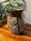 Mid Century Studio Art Pottery Tan Olive Green Floral and Monstera plant Vase Artist Signed