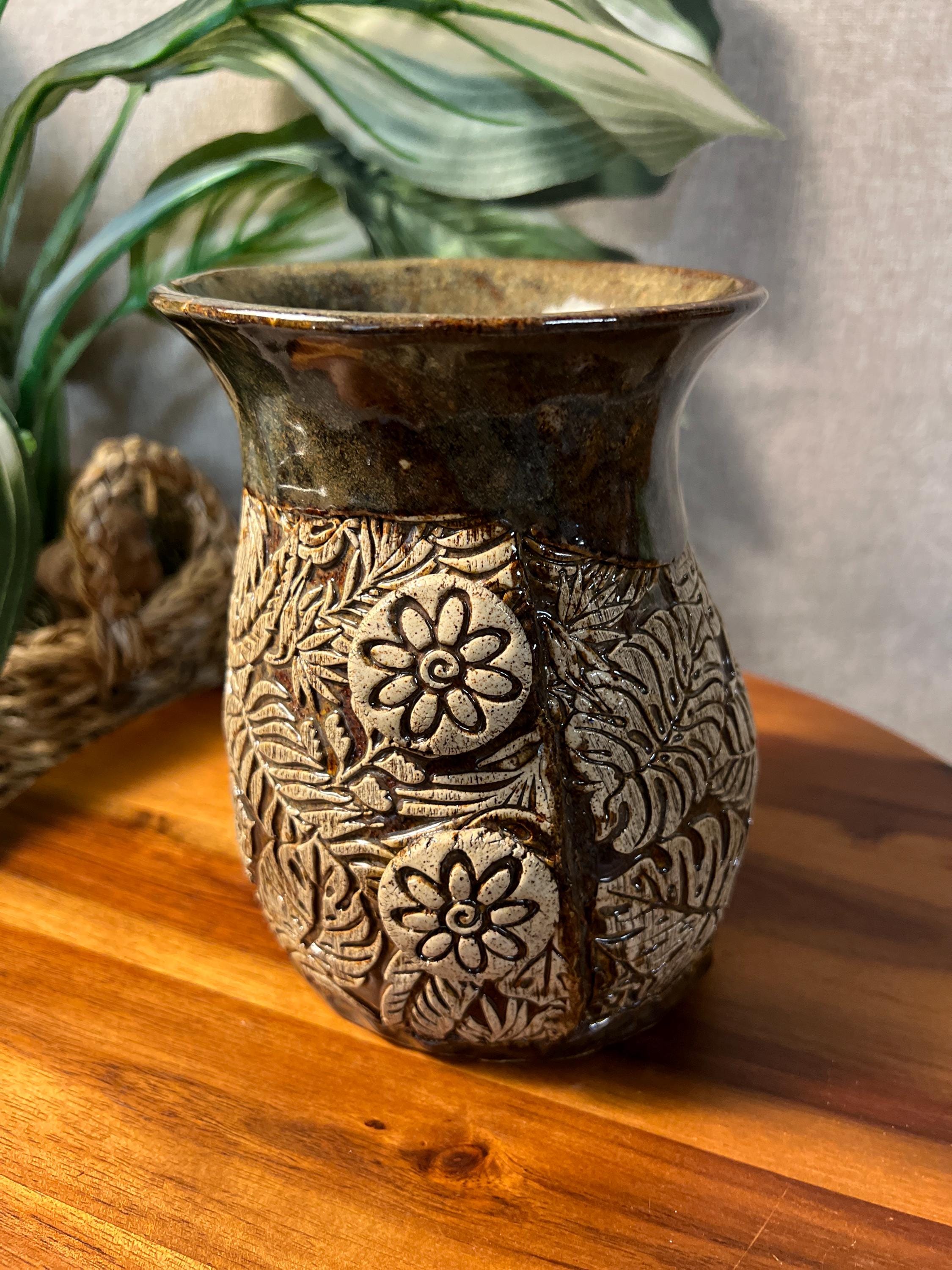 Mid Century Studio Art Pottery Tan Olive Green Floral and Monstera plant Vase Artist Signed