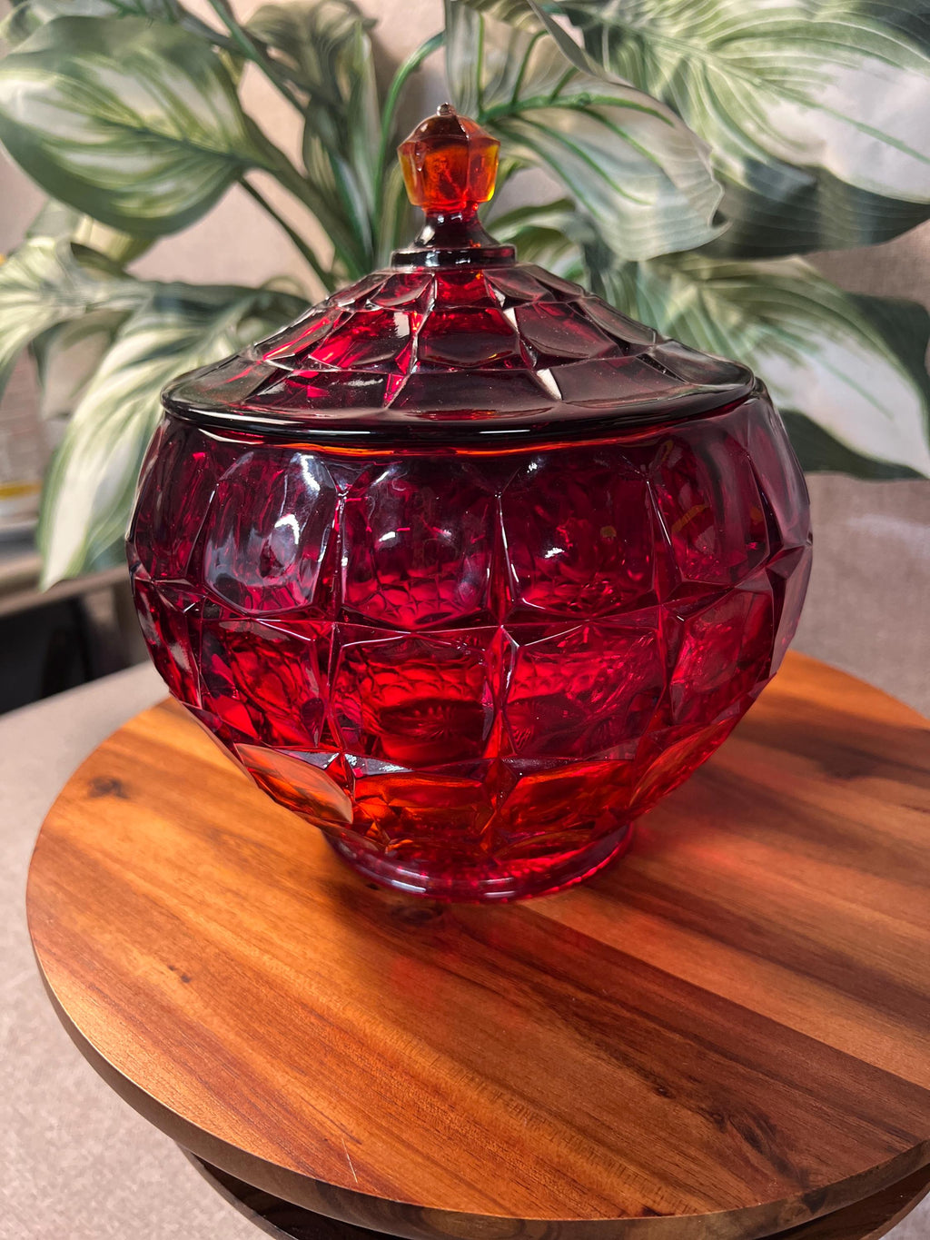 Indiana Glass Constellation Cookie Candy Bowl Dish Lid Glows Amberina Red