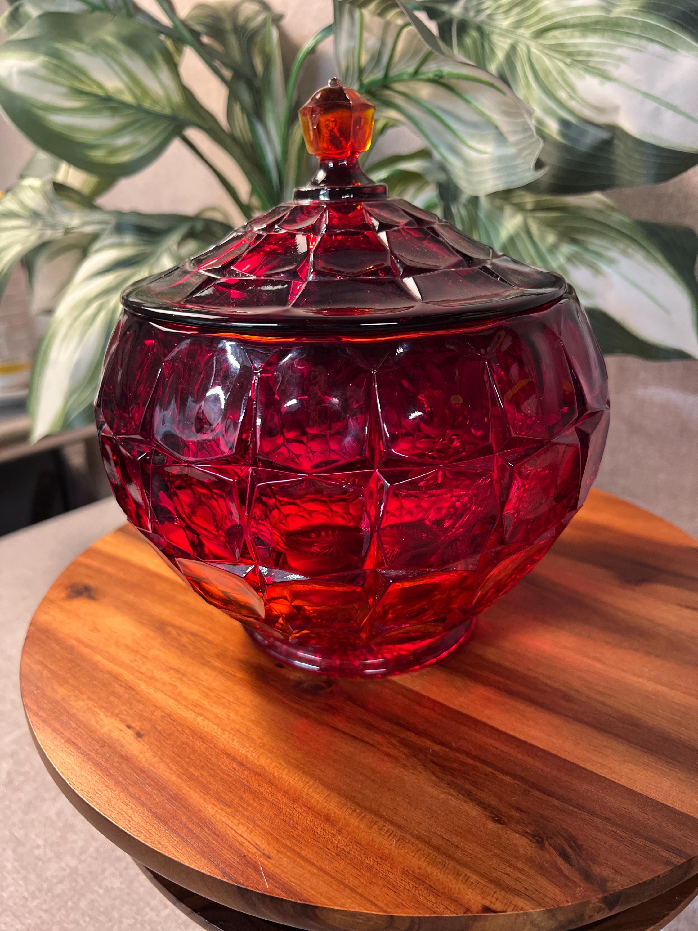 Indiana Glass Constellation Cookie Candy Bowl Dish Lid Glows Amberina Red