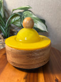 Vintage Handcarved Wood Bowl with Satin Yellow Glass Lid and wooden top