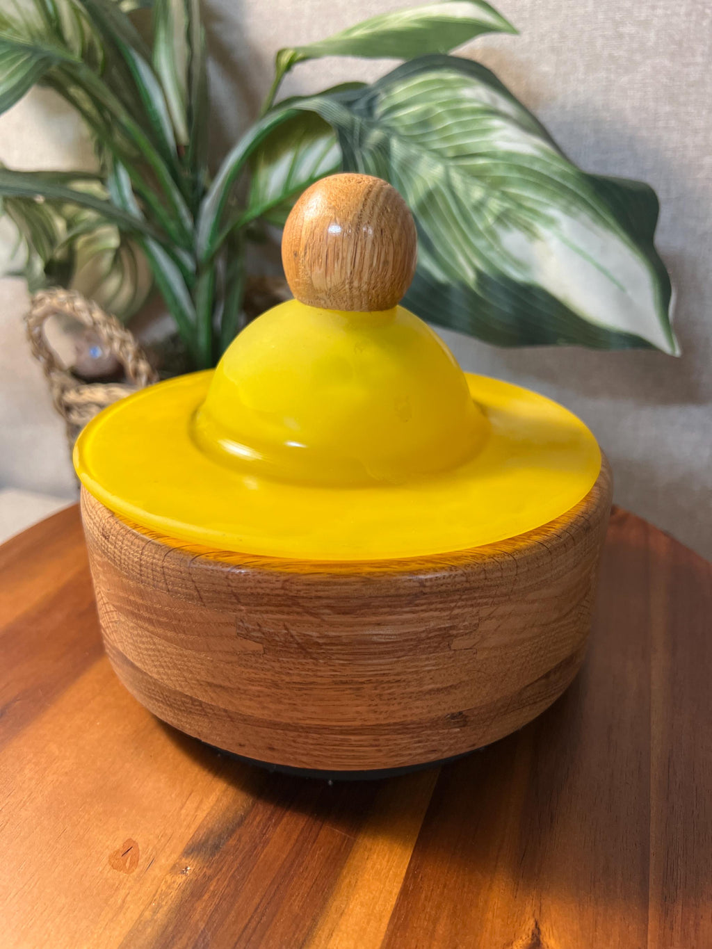 Vintage Handcarved Wood Bowl with Satin Yellow Glass Lid and wooden top
