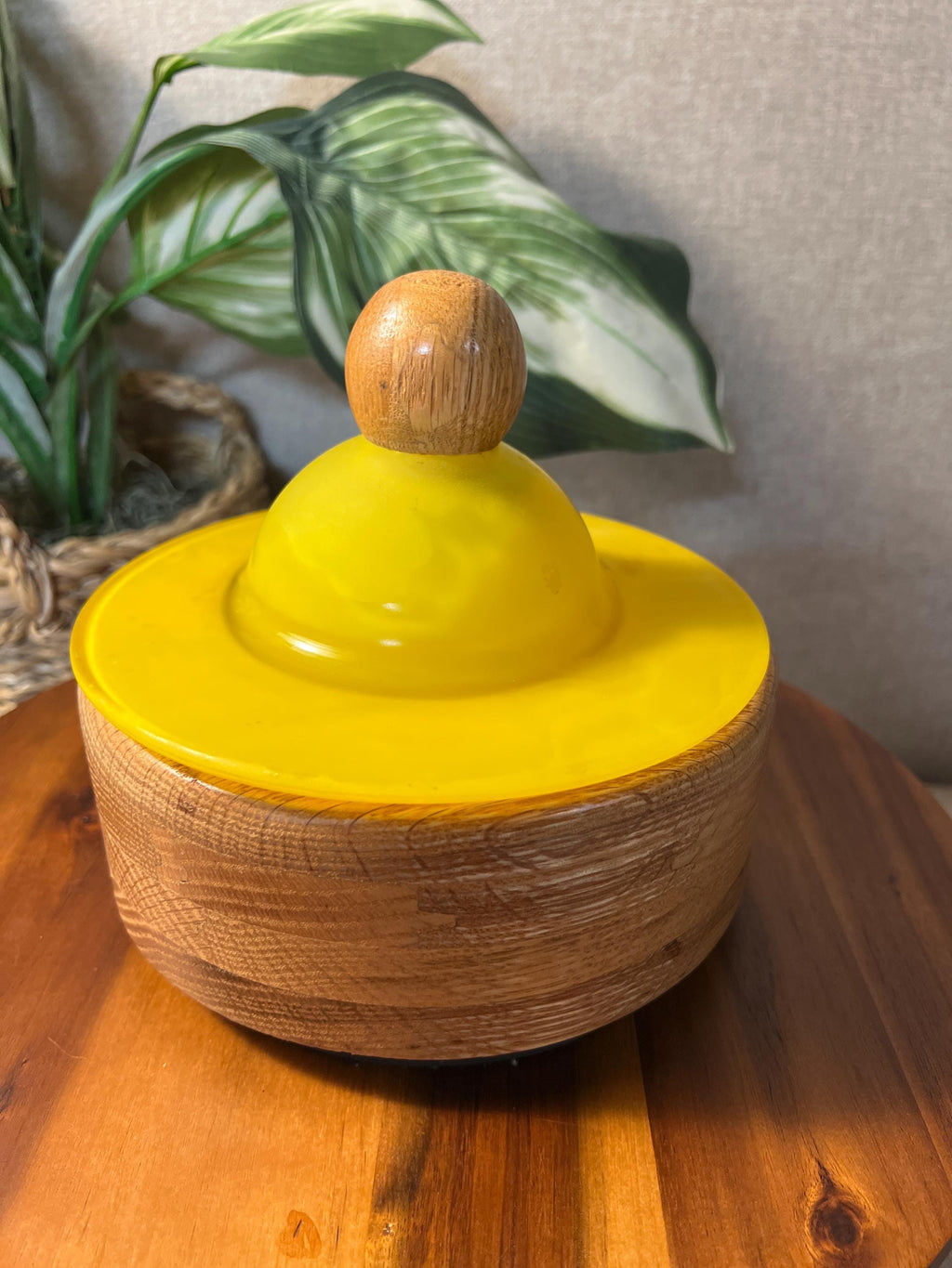 Vintage Handcarved Wood Bowl with Satin Yellow Glass Lid and wooden top