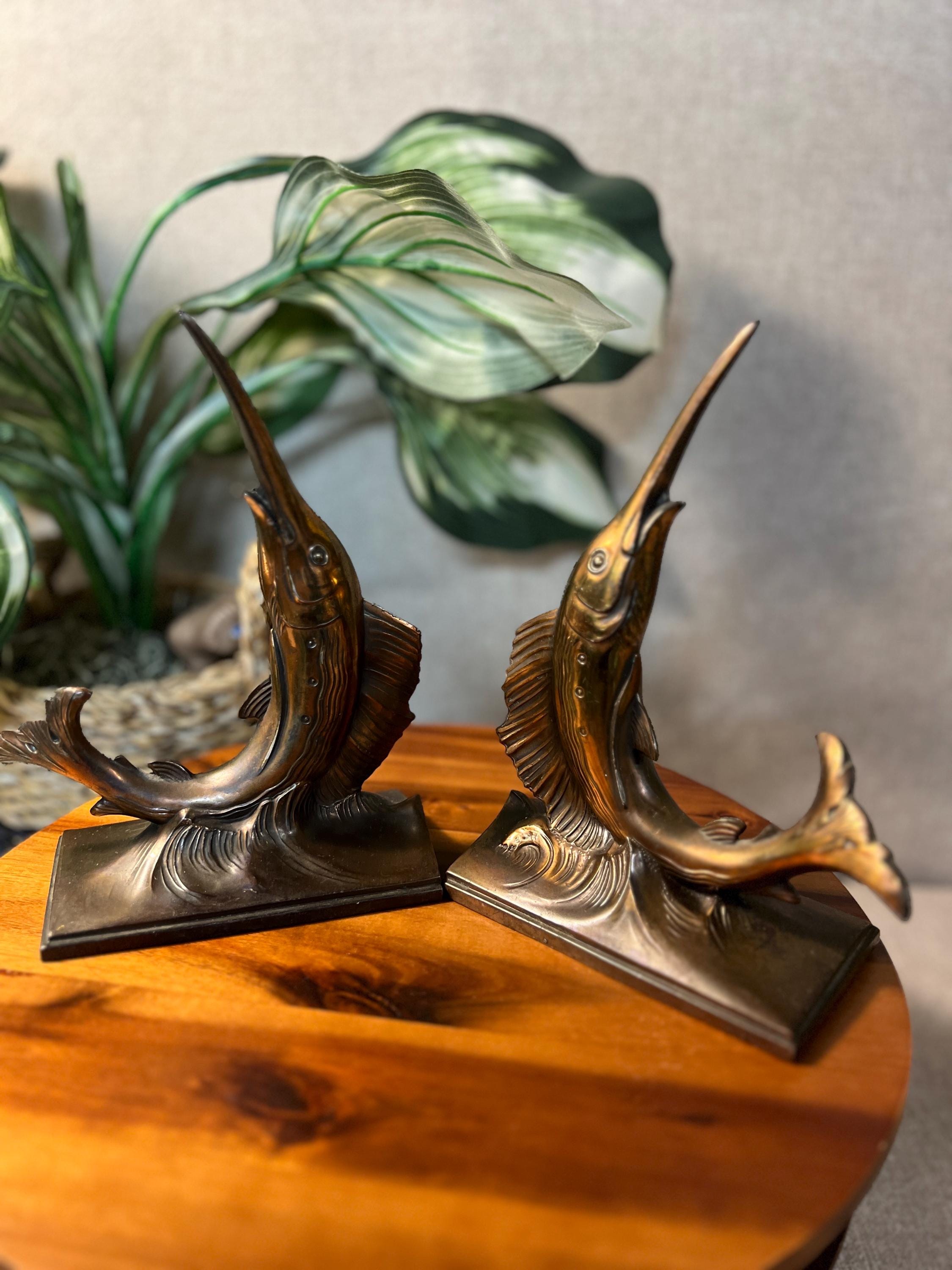 Brass Marlin Swordfish Statues, Pair — Philadelphia Mfg. Co. MCM Bookends