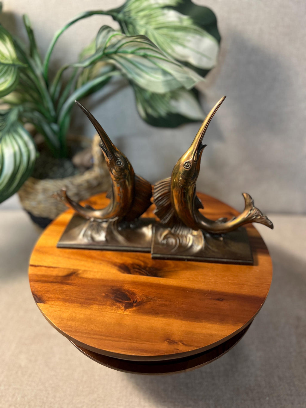 Brass Marlin Swordfish Statues, Pair — Philadelphia Mfg. Co. MCM Bookends