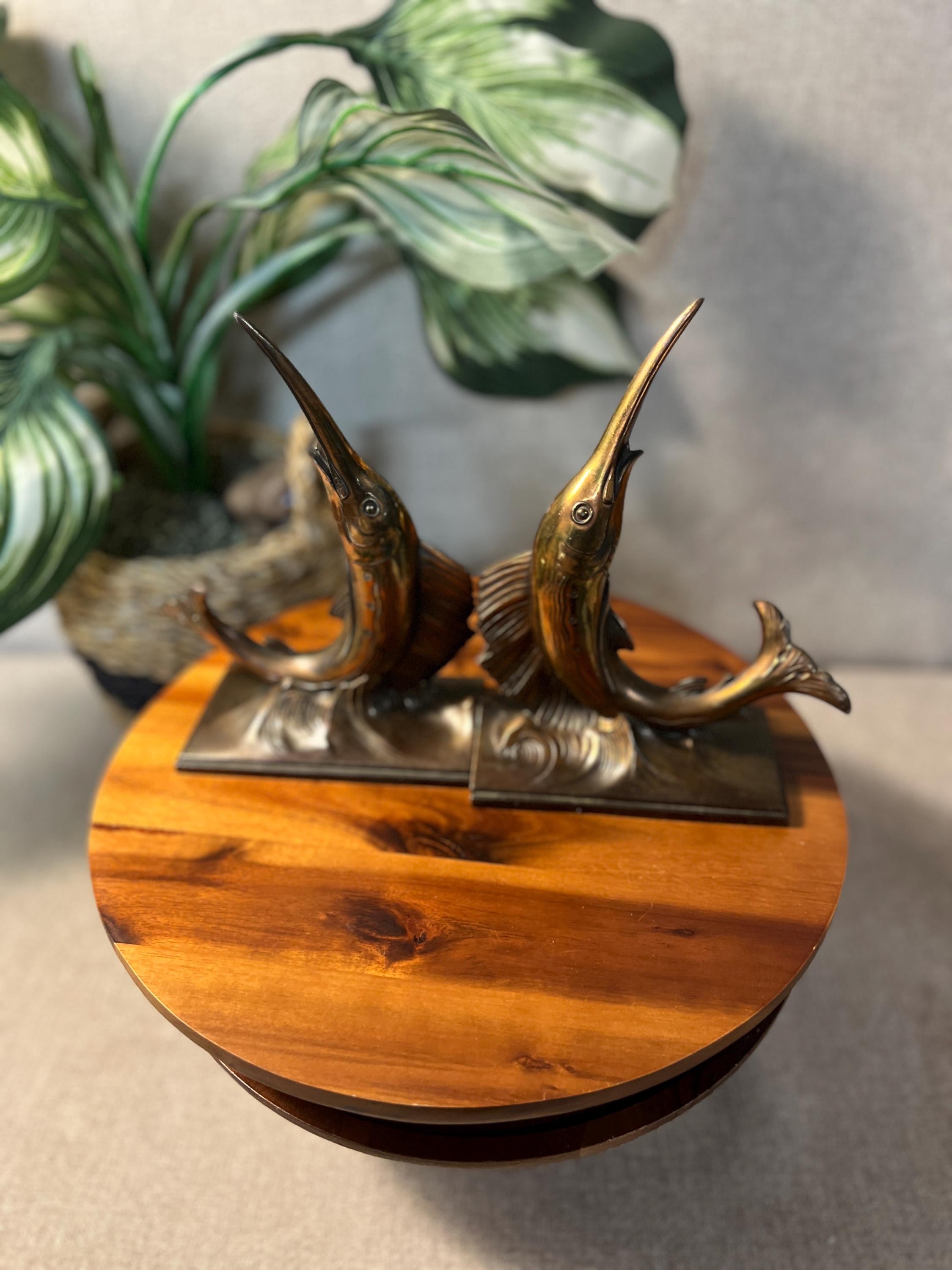 Brass Marlin Swordfish Statues, Pair — Philadelphia Mfg. Co. MCM Bookends