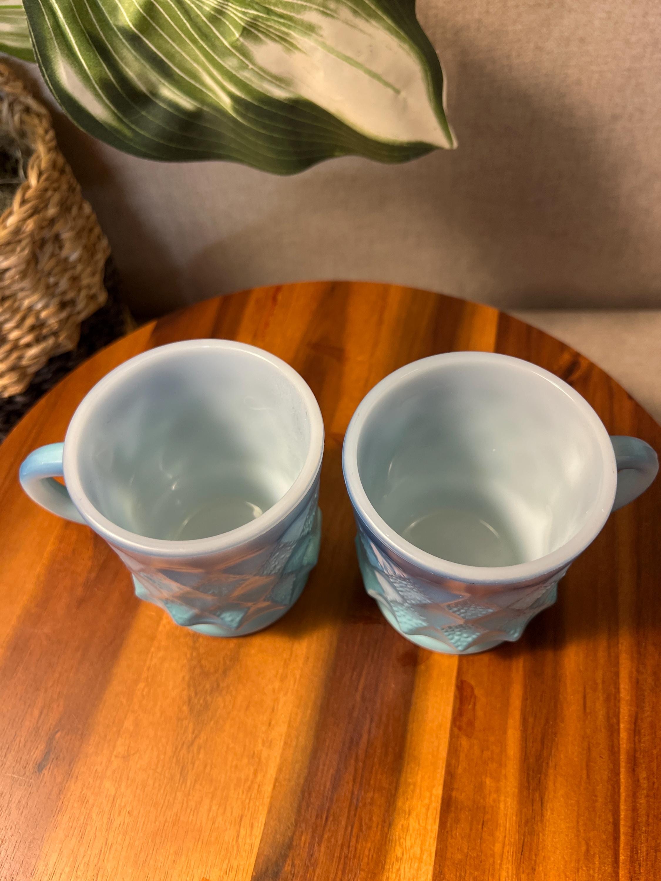 Anchor Hocking Fire King Blue Ombre Mug Cup Diamond Kimberly USA  Made Set of 2